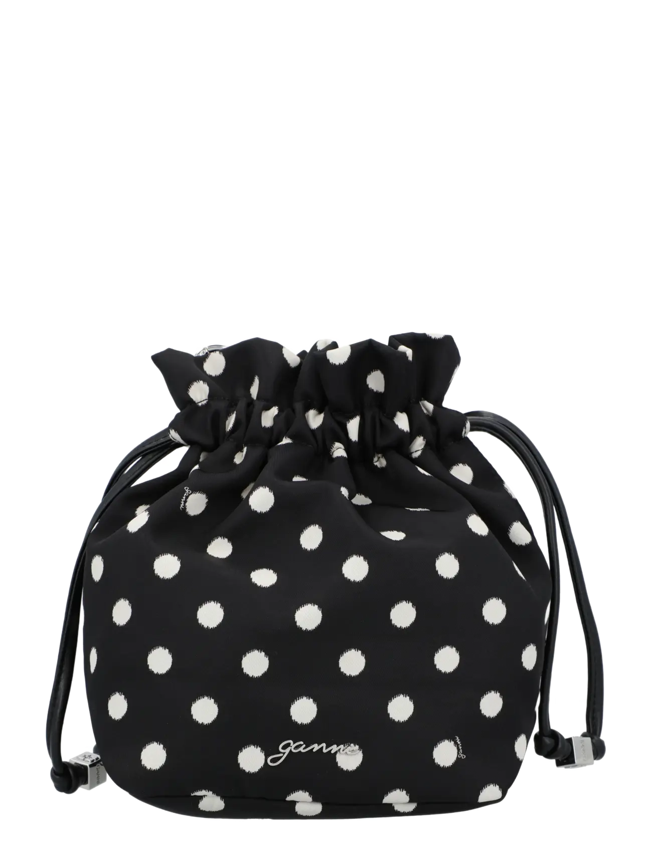 Ganni Printed Recycled Nylon Bou Bucket Pouch, Kvinder, Polkaprikket Snørepung, Sort, Str: ONE SIZE