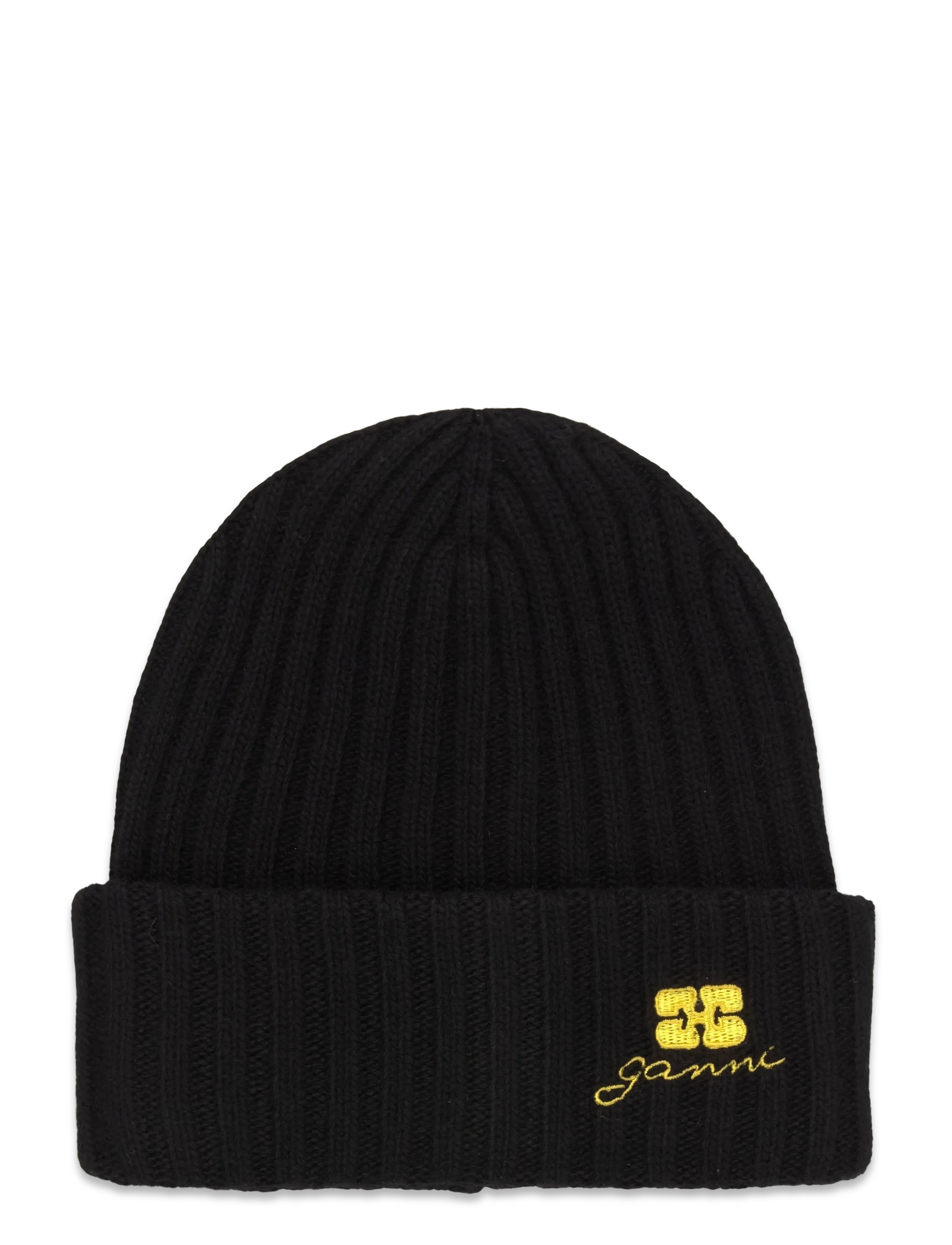 Ganni Ribbed-Knit Wool Blend Beanie, Kvinder, Ribstrikket Hue, Sort, Str: ONE SIZE