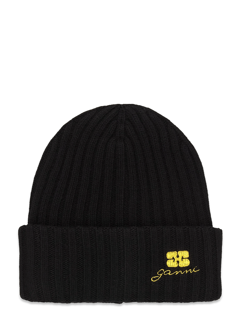 Ganni - Ribbed-knit wool blend beanie - mützen - black - 0