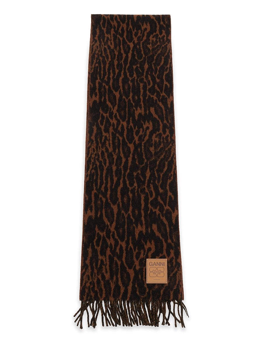 Ganni - Women's Black Leopard Print Wool Scarf - multicolored - 0