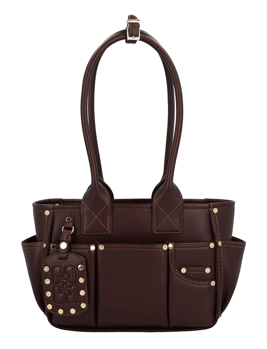 Ganni - Posy Studded Leather Shoulder Bag - schultertaschen - bitter chocolate - 0