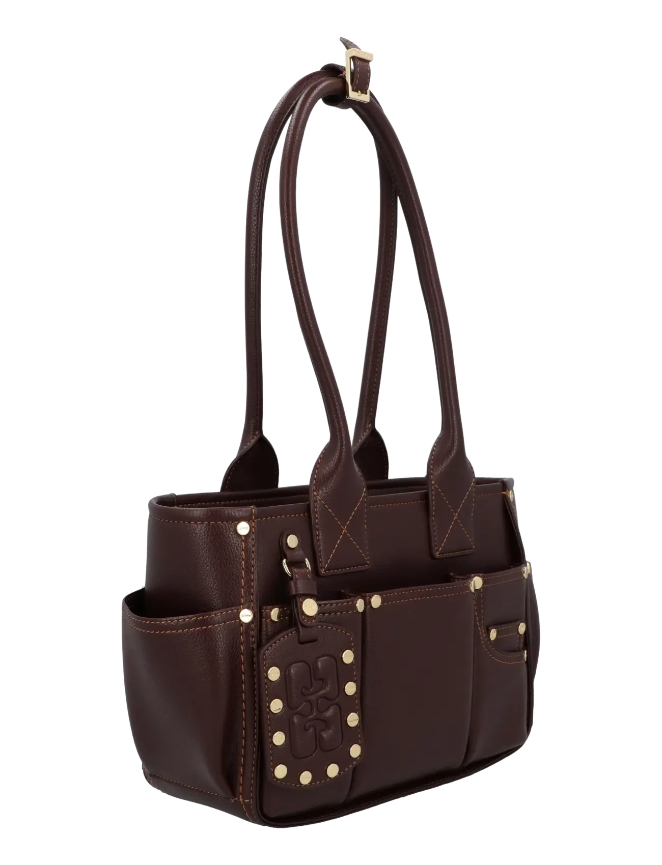Ganni - Posy Studded Leather Shoulder Bag - schultertaschen - bitter chocolate - 1