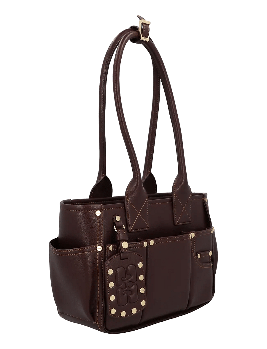 Ganni - Posy Studded Leather Shoulder Bag - schultertaschen - bitter chocolate - 1
