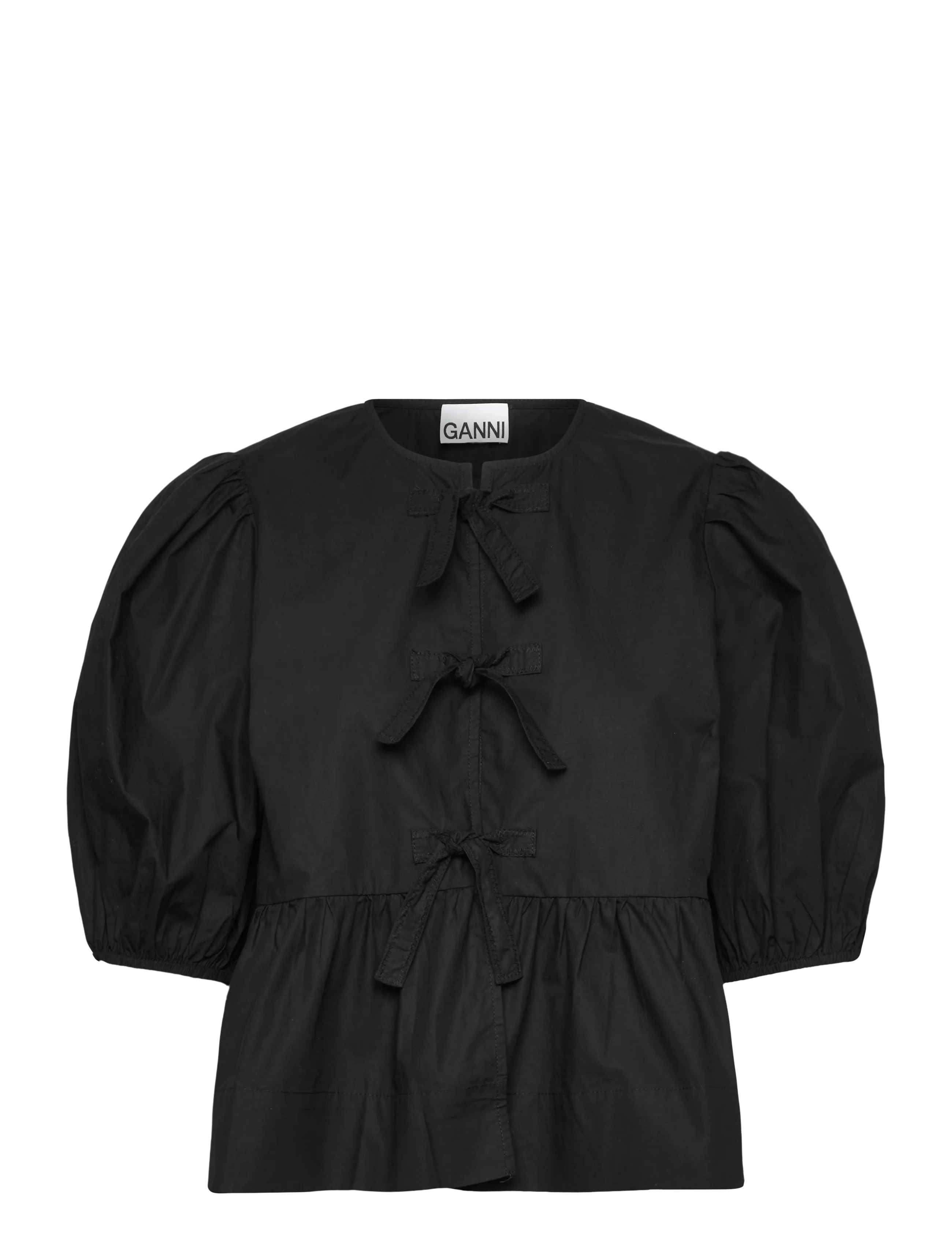 Ganni Cotton Poplin Peplum Tie Blouse - Vêtements - BLACK / black