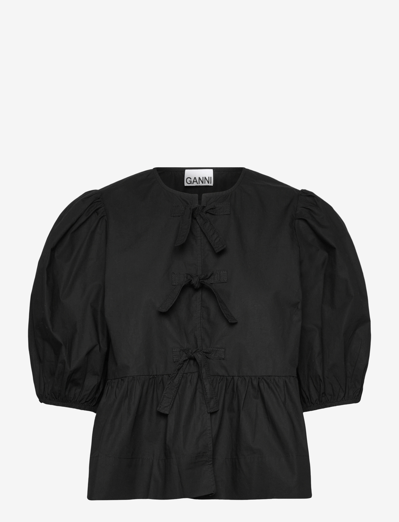 Ganni - Cotton Poplin Peplum Blouse - kortærmede bluser - black - 0
