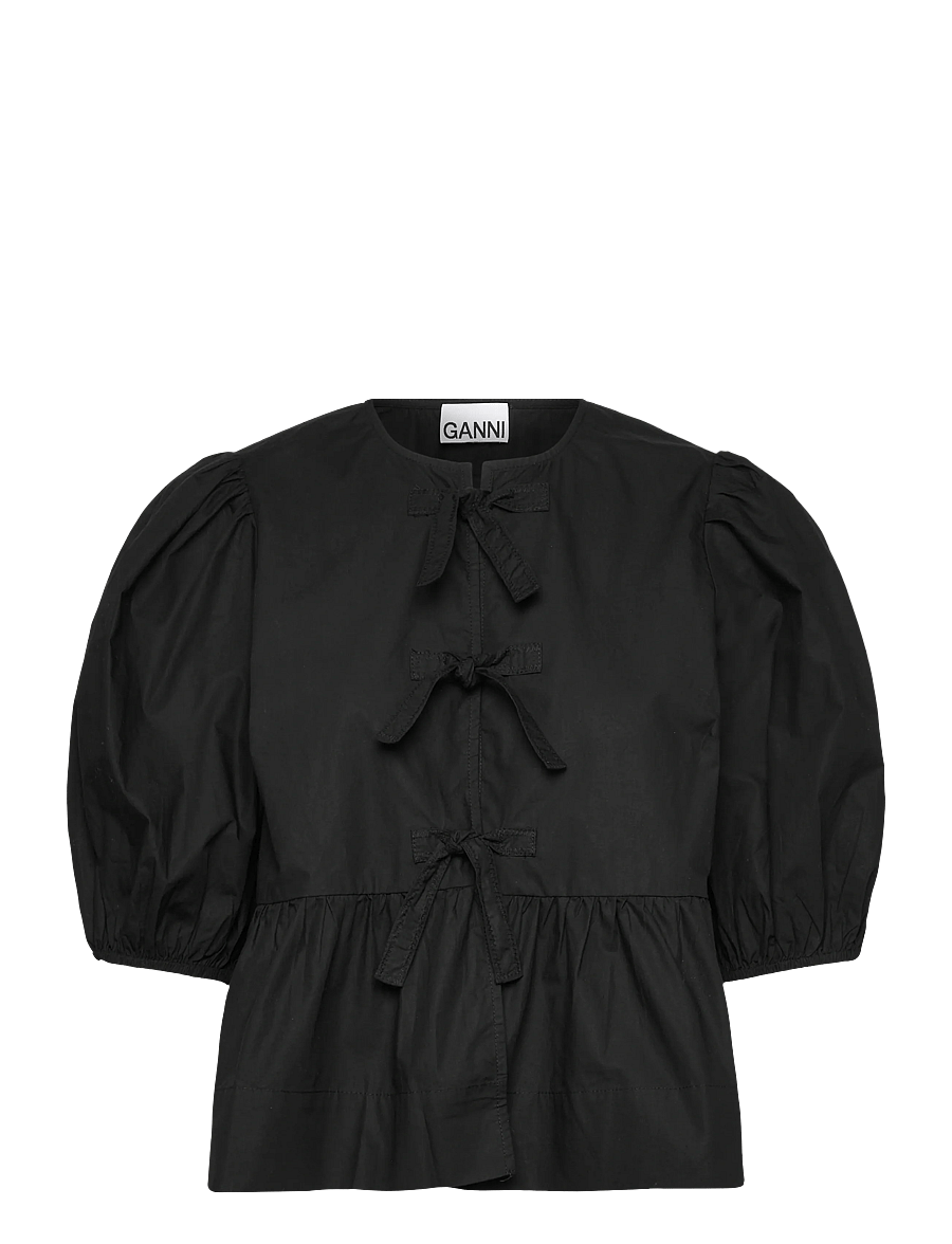 Ganni - Cotton Poplin Peplum Blouse - blouses met korte mouwen - black - 0