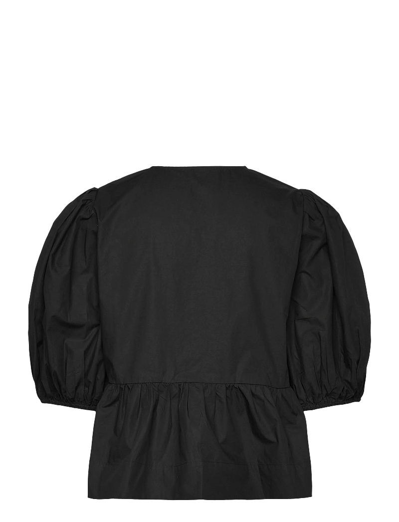 Ganni - Cotton Poplin Peplum Blouse - kurzämlige blusen - black - 1