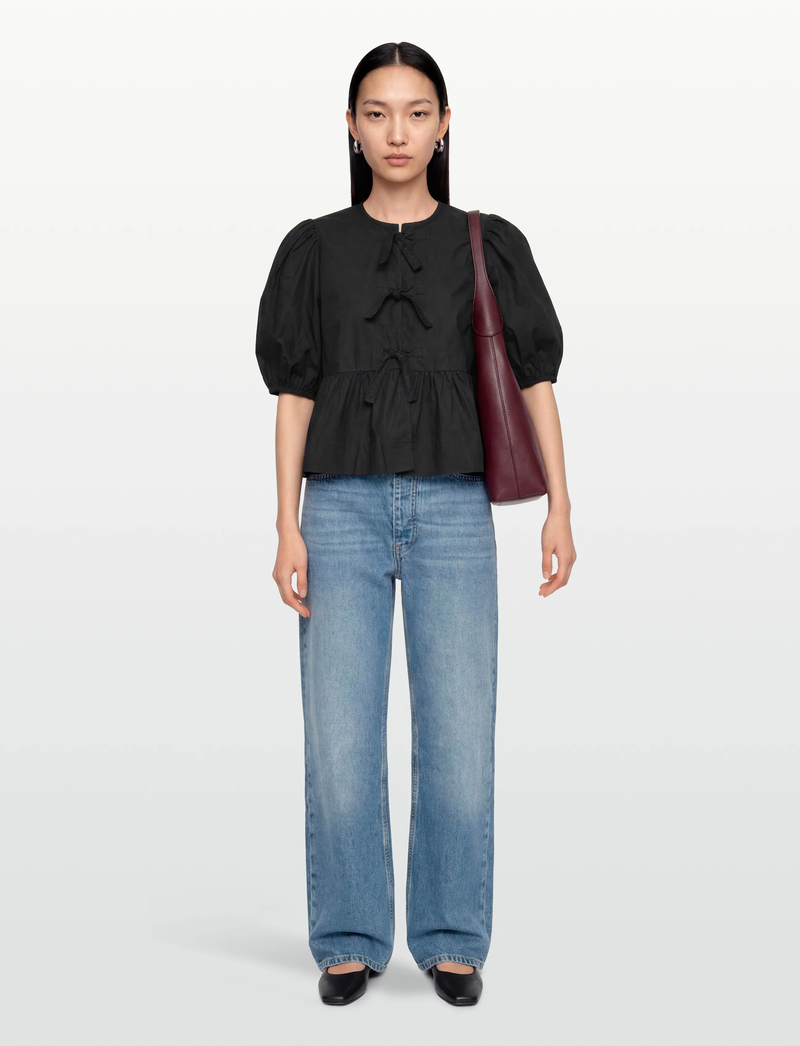 Ganni Cotton Poplin Peplum Blouse, Kvinder, Peplum Bluse, Sort, Str: 40