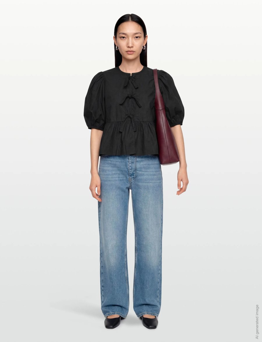Ganni - Cotton Poplin Peplum Blouse - kurzärmelige blusen - black - 0