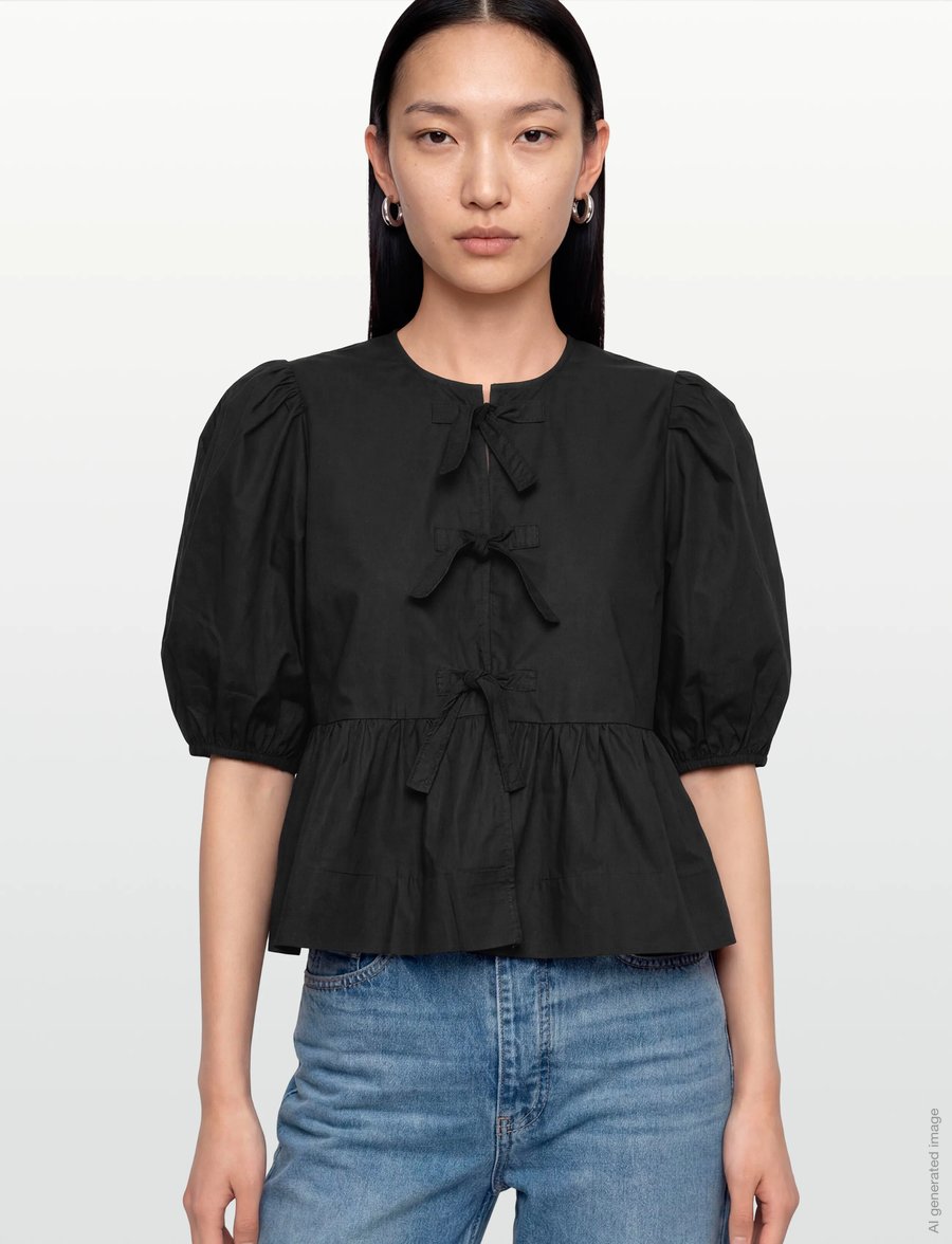 Ganni - Cotton Poplin Peplum Blouse - kurzärmelige blusen - black - 3