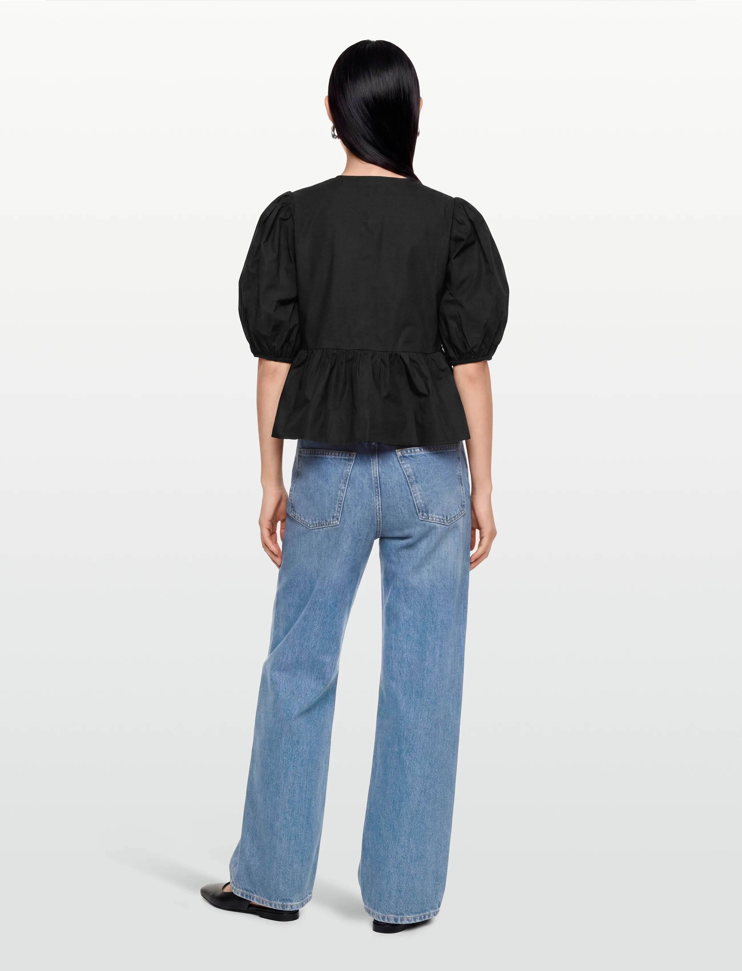 Ganni - Cotton Poplin Peplum Blouse - kurzärmelige blusen - black - 4