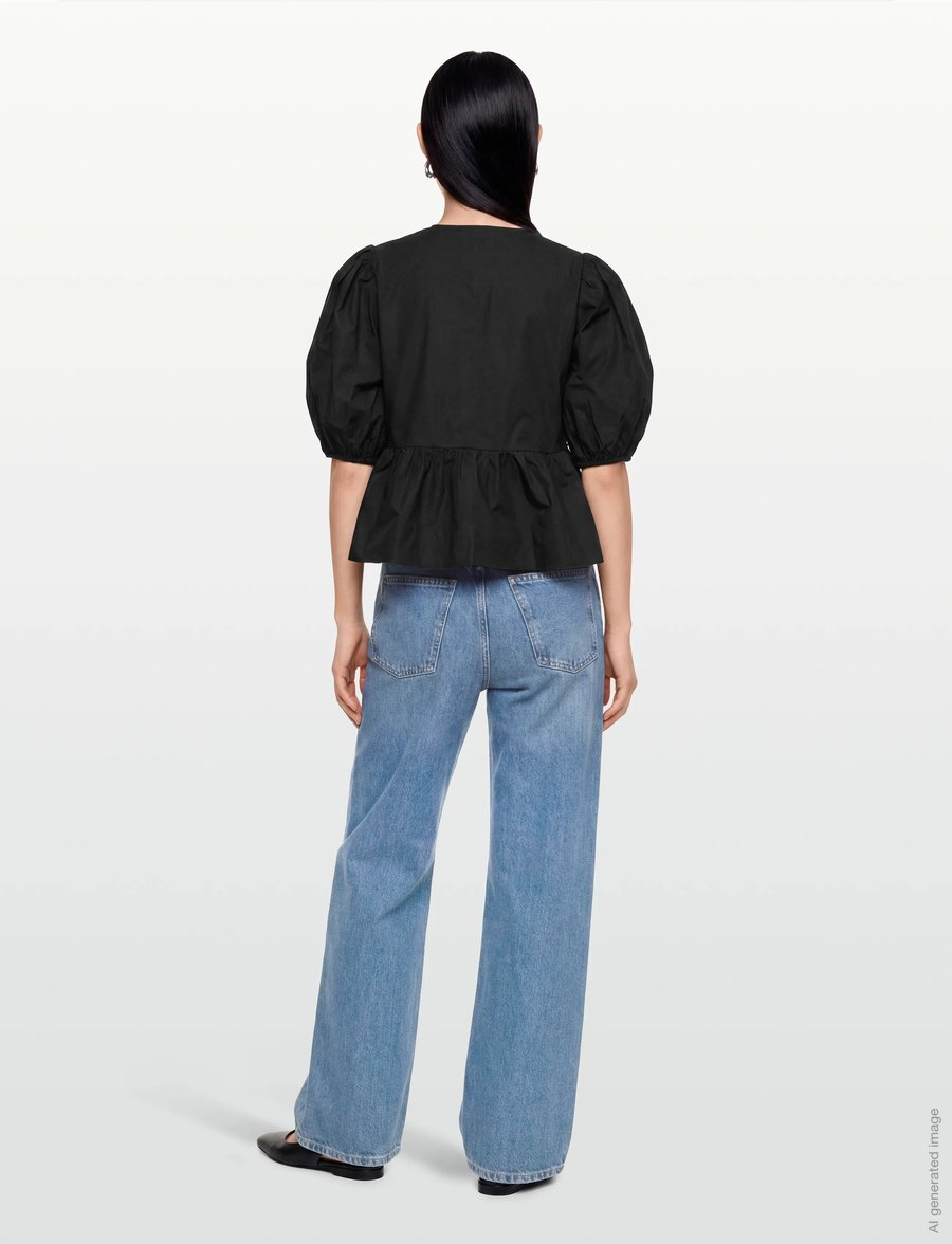 Ganni - Cotton Poplin Peplum Blouse - kurzärmelige blusen - black - 4