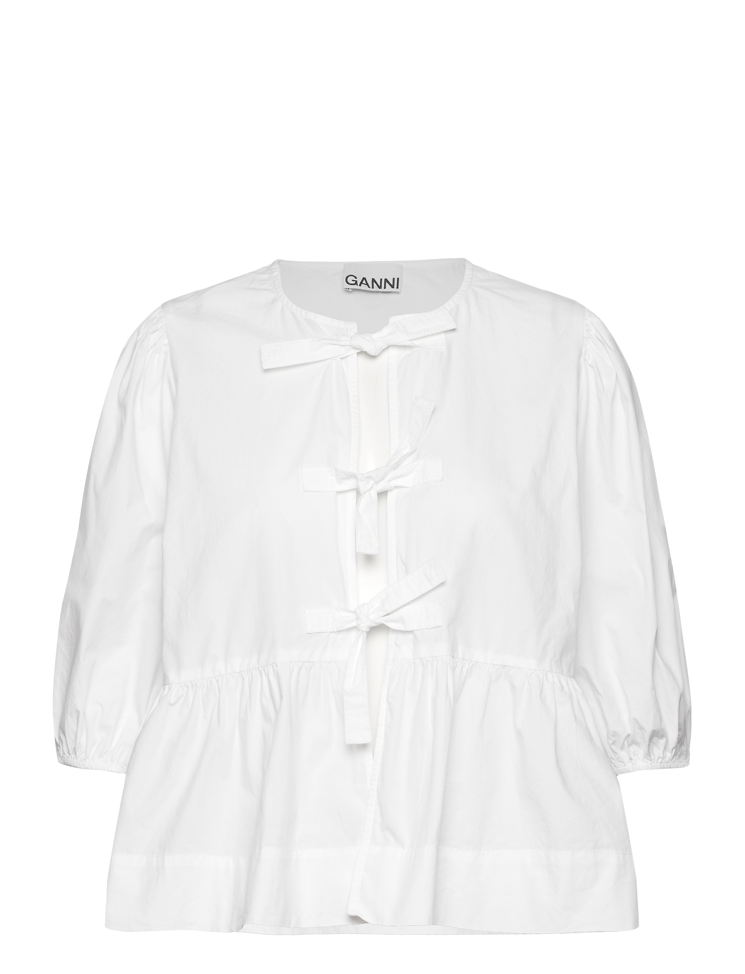 Ganni Cotton Poplin Peplum Tie Blouse - Quiet luxury - WHITE / white