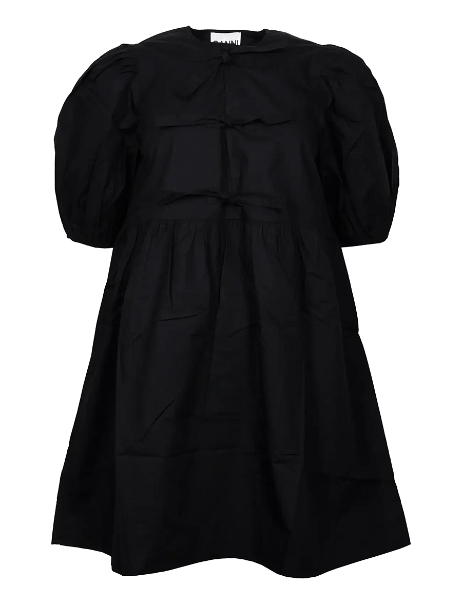 Ganni - Cotton Poplin Tie String Mini Dress - zomerjurken - black - 0