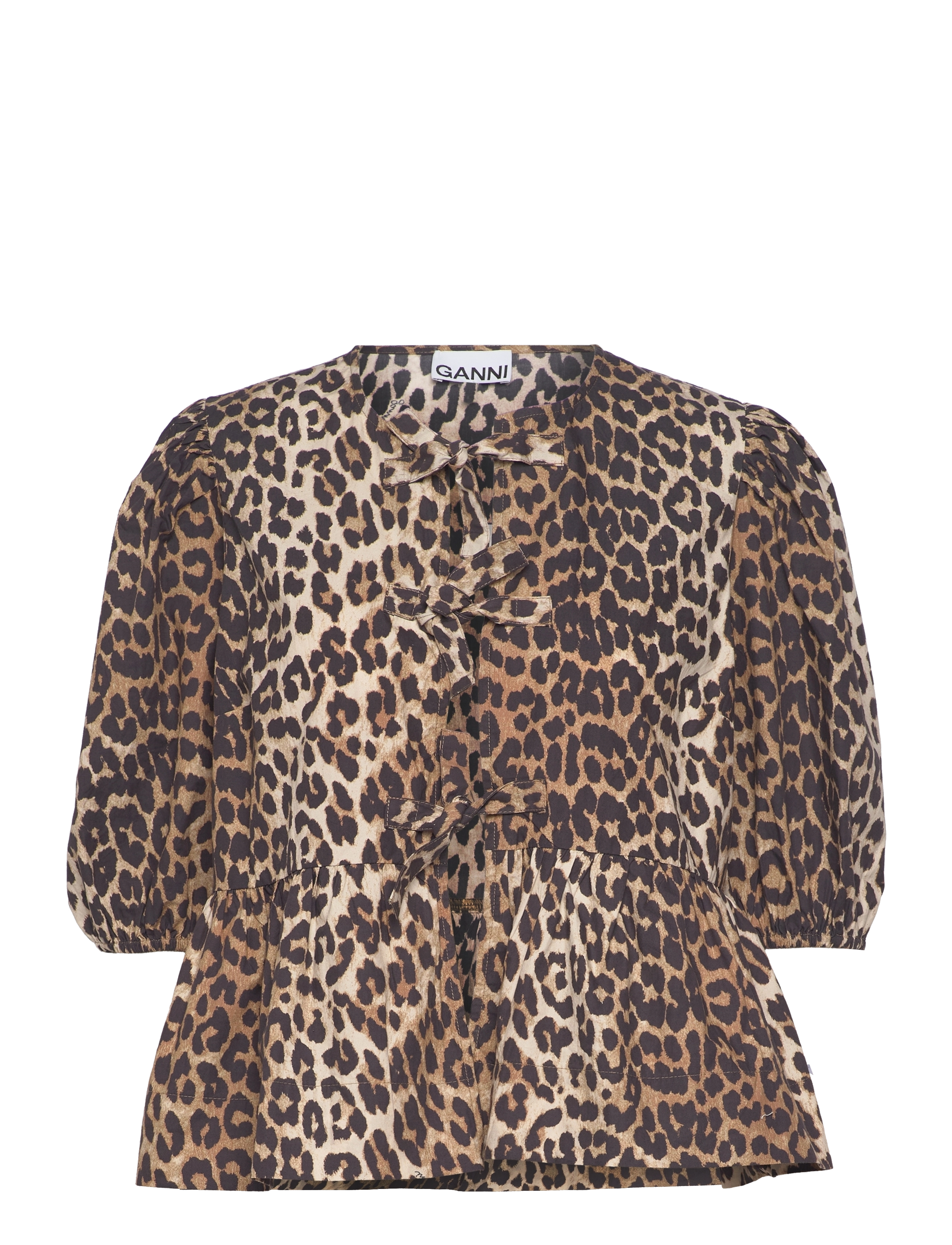 Ganni Printed Cotton Poplin Peplum Blouse, 34, Blouses, Braun - Short-sleeved, Frauen