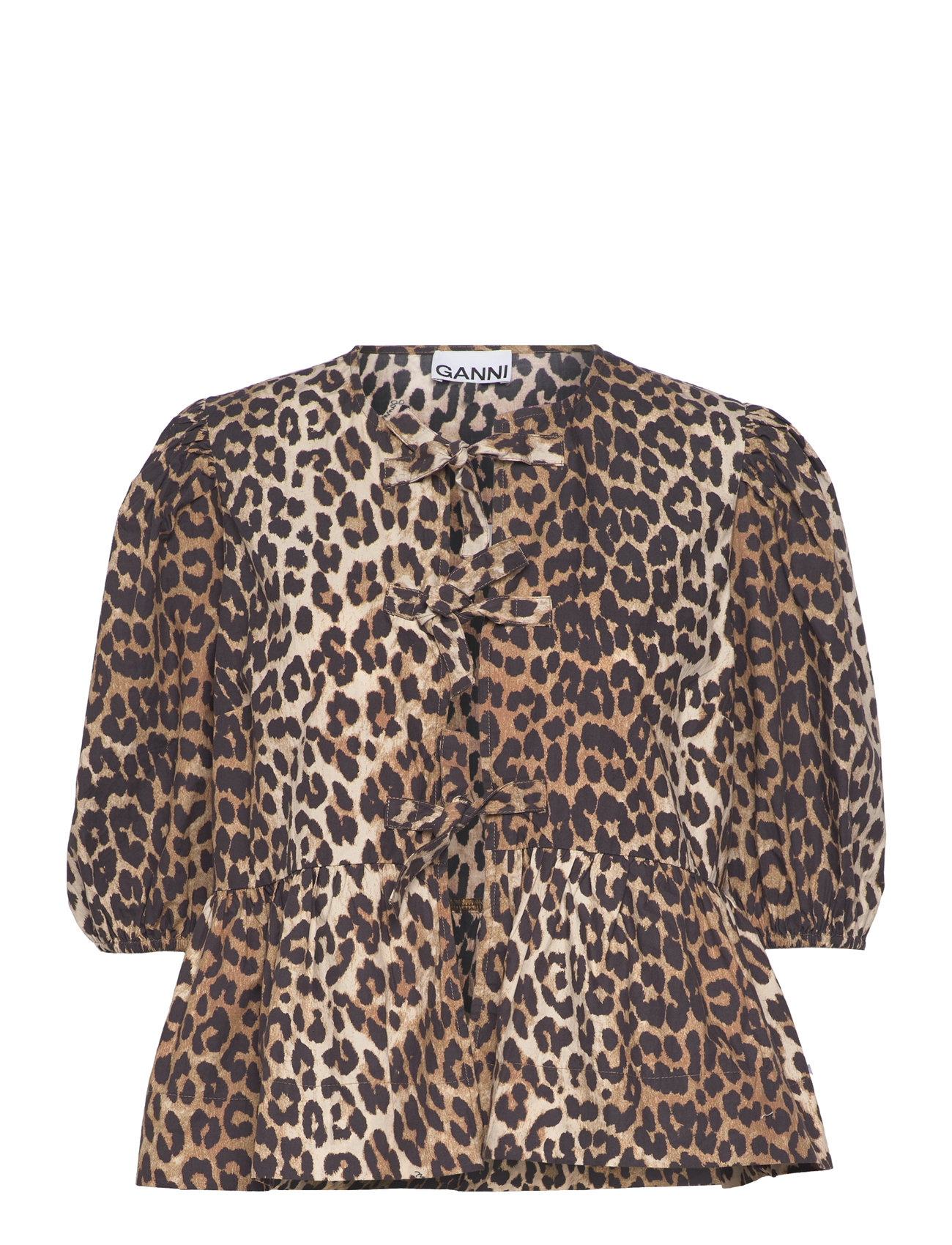 Ganni - Printed Cotton Poplin Peplum Blouse - kortærmede bluser - brown - 0