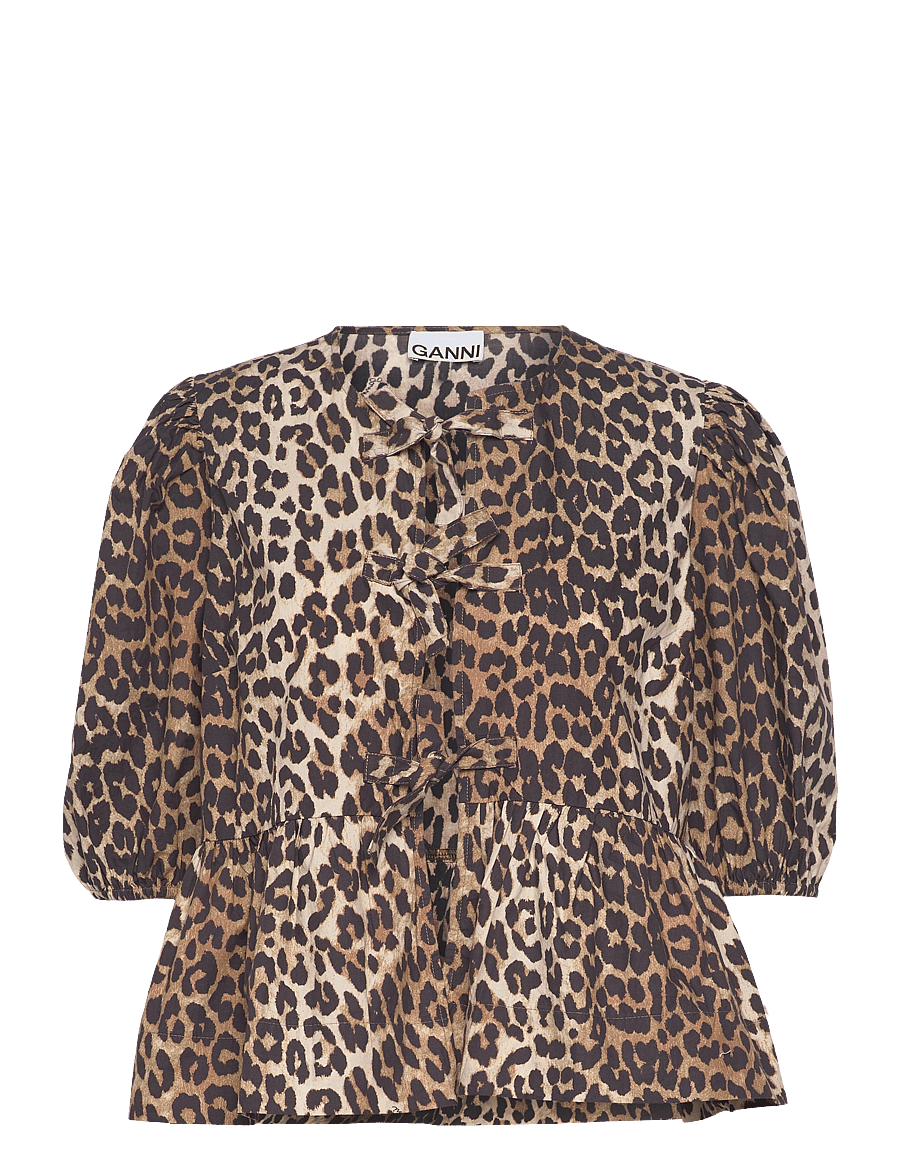 Ganni - Printed Cotton Poplin Peplum Blouse - kurzärmelige blusen - brown - 0