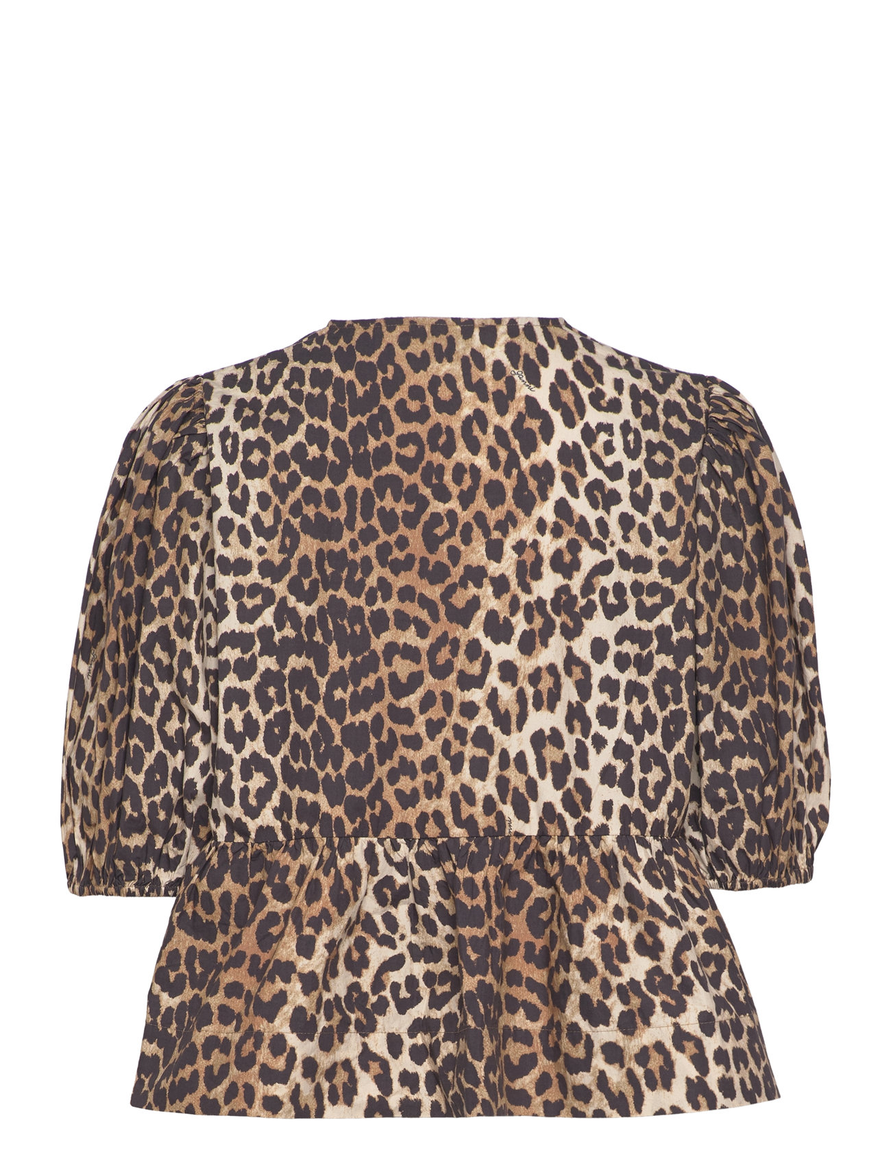 Ganni - Printed Cotton Poplin Peplum Blouse - kortærmede bluser - brown - 1