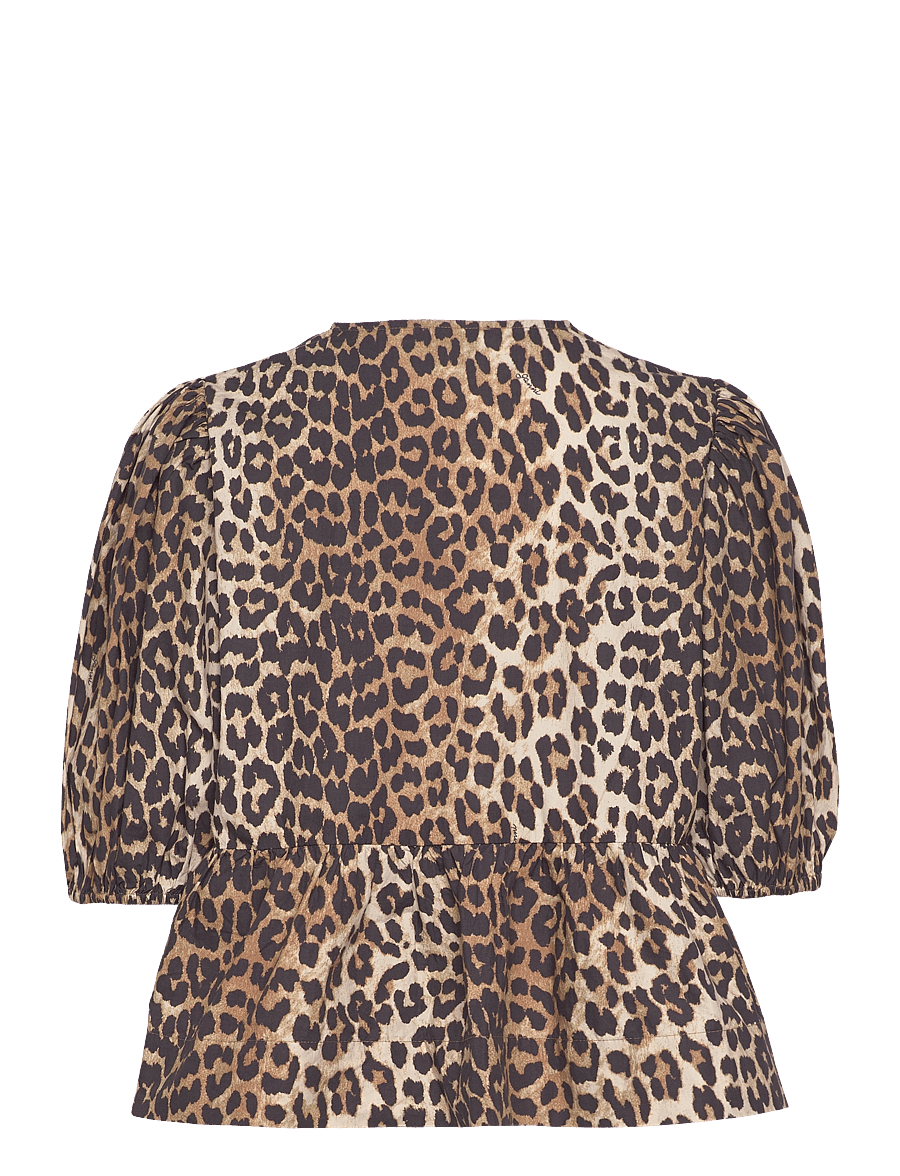 Ganni - Printed Cotton Poplin Peplum Blouse - kurzärmelige blusen - brown - 1