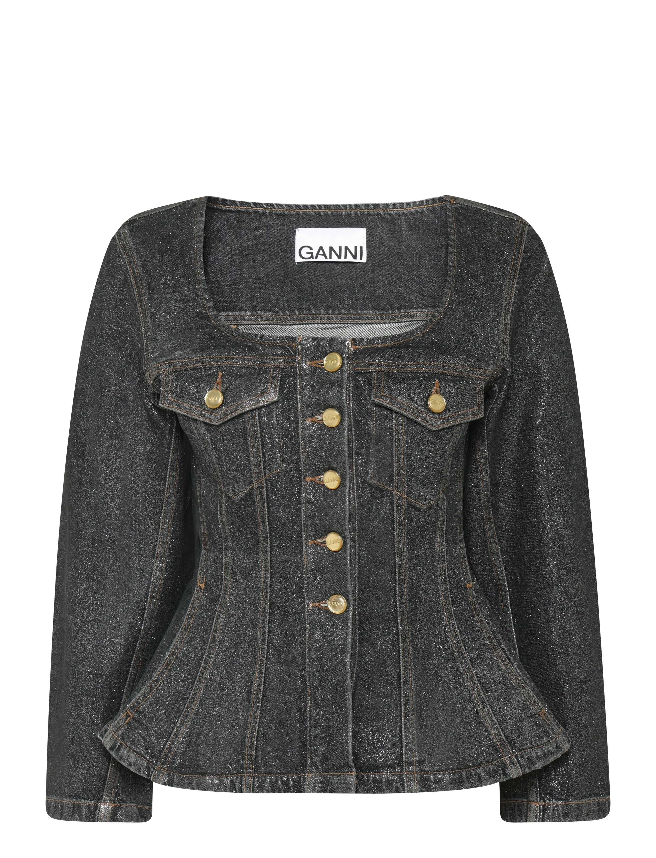 Ganni Shimmery Foil Denim Fitted Blazer - Kavajer - BLACK / black