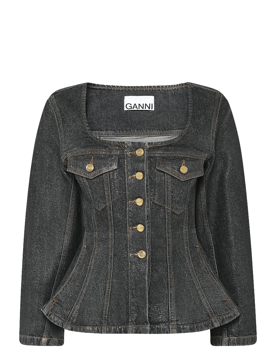 Ganni - Shimmery Foil Denim Fitted Blazer - einreihige blazer - black - 1