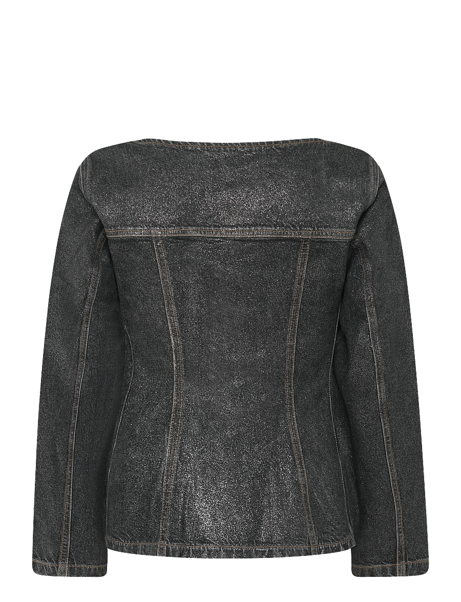 Ganni - Shimmery Foil Denim Fitted Blazer - einreihige blazer - black - 2
