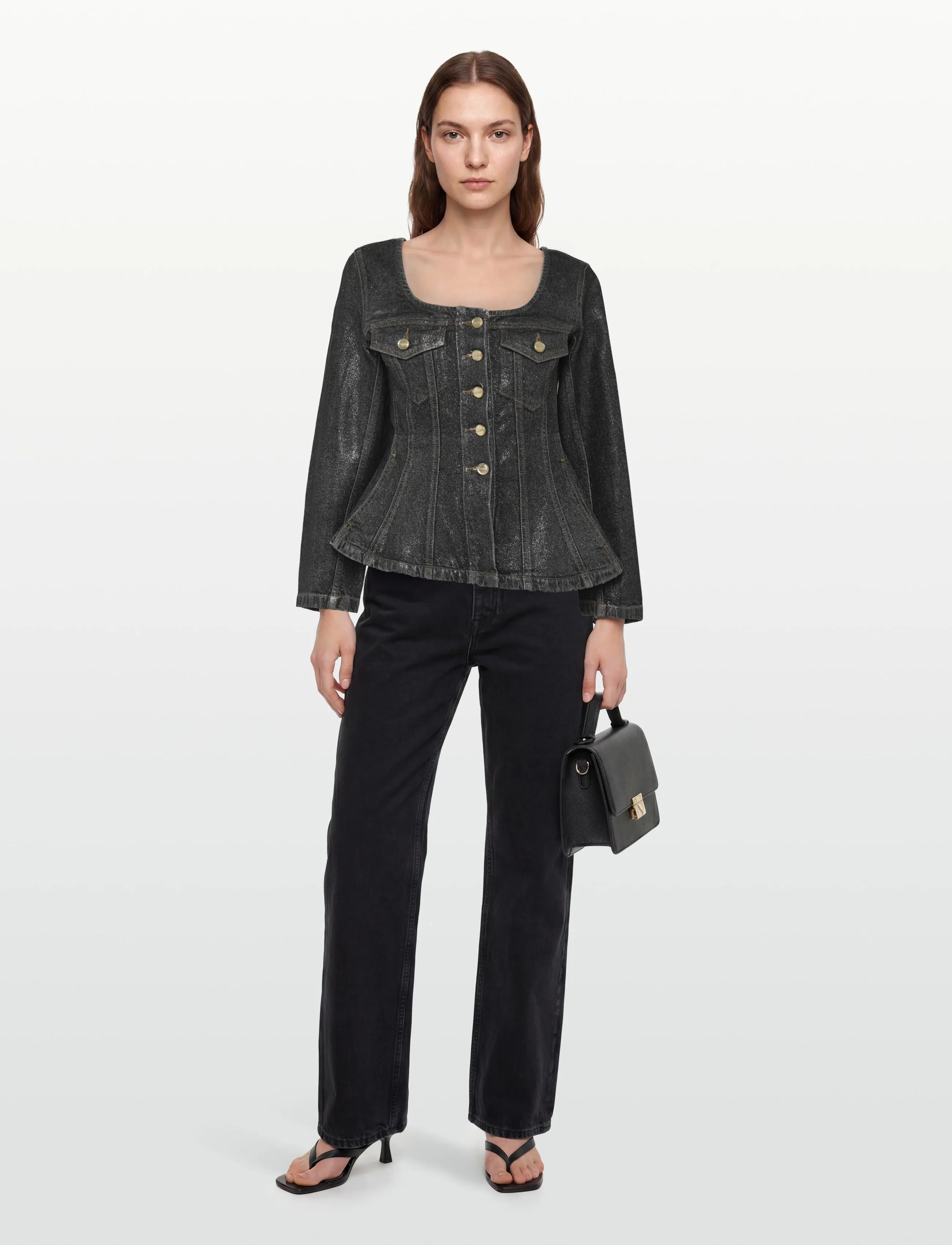 Ganni Shimmery Foil Denim Fitted Blazer, Kvinder, Figursyet Denim Blazer, Sort, Str: 36