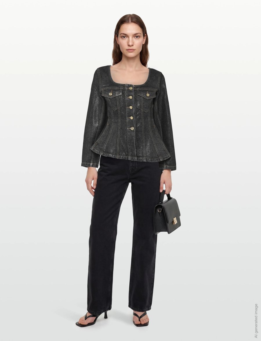 Ganni - Shimmery Foil Denim Fitted Blazer - einreihige blazer - black - 0