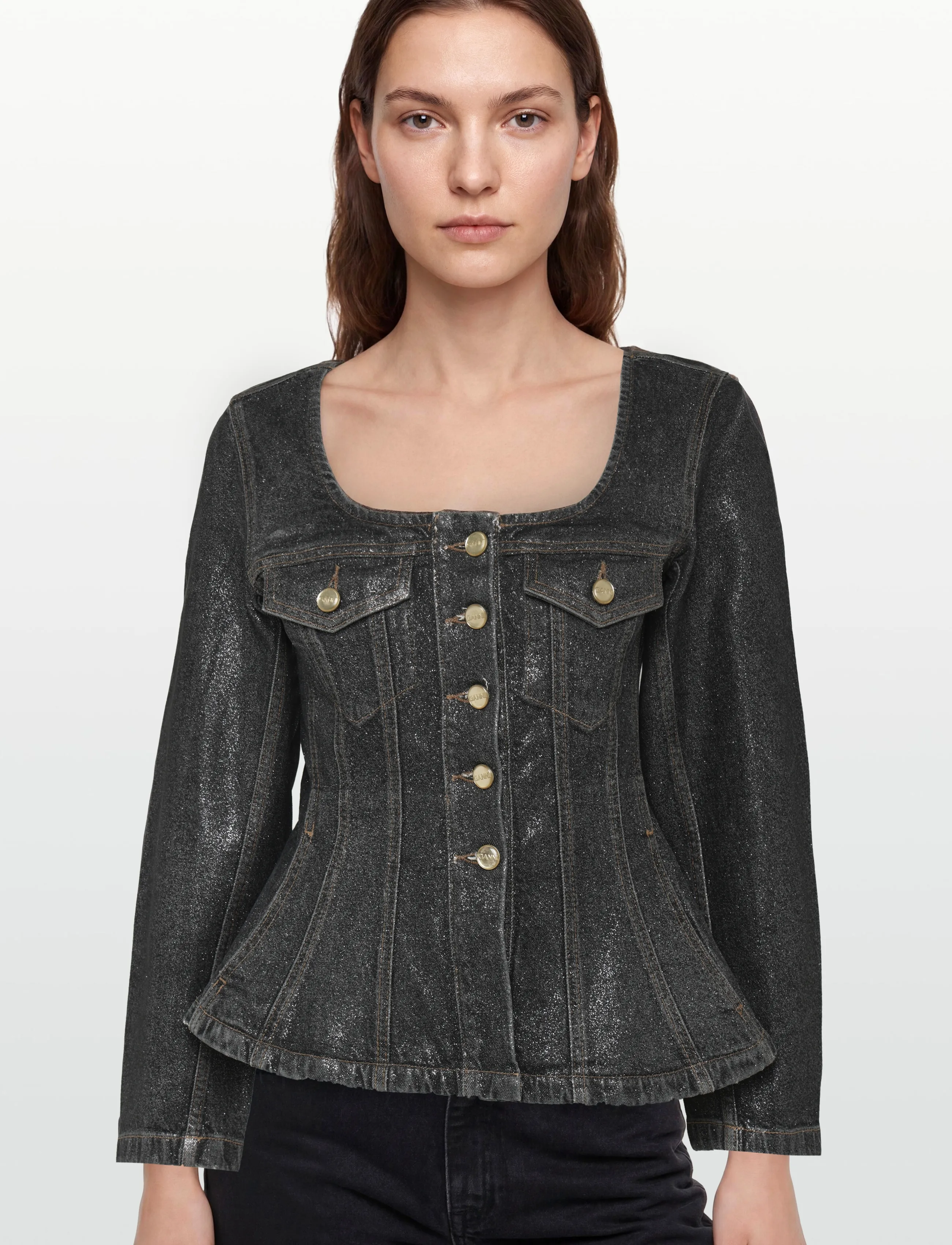 Ganni - Shimmery Foil Denim Fitted Blazer - black - 3