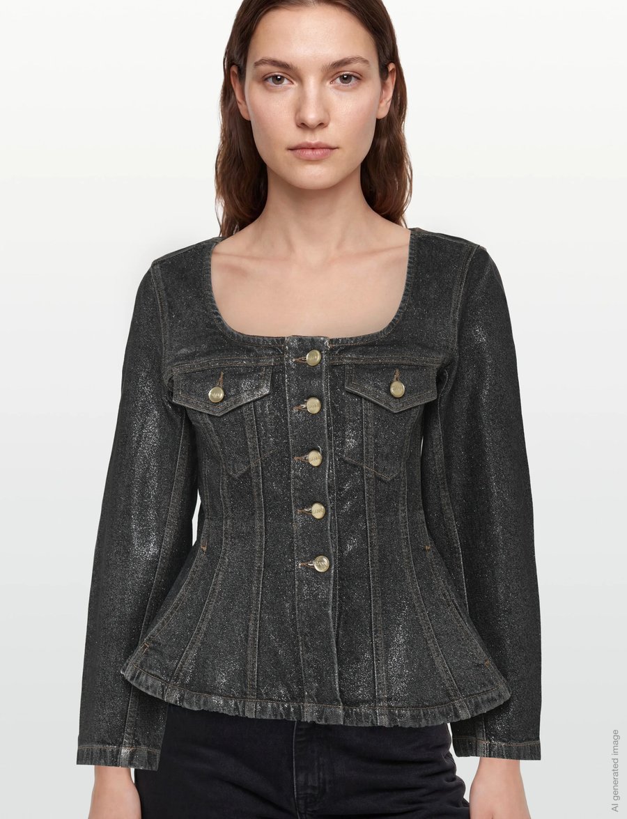 Ganni - Shimmery Foil Denim Fitted Blazer - einreihige blazer - black - 3