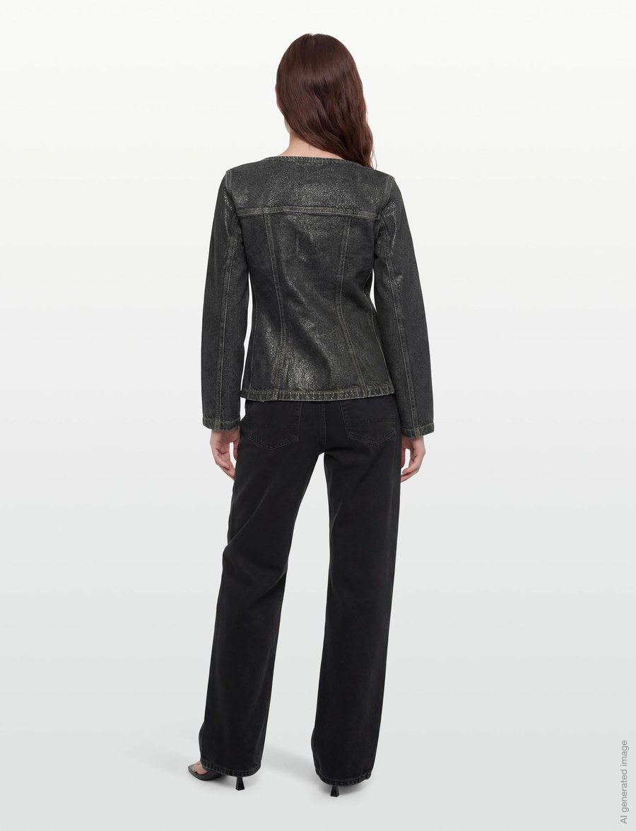 Ganni - Shimmery Foil Denim Fitted Blazer - einreihige blazer - black - 4