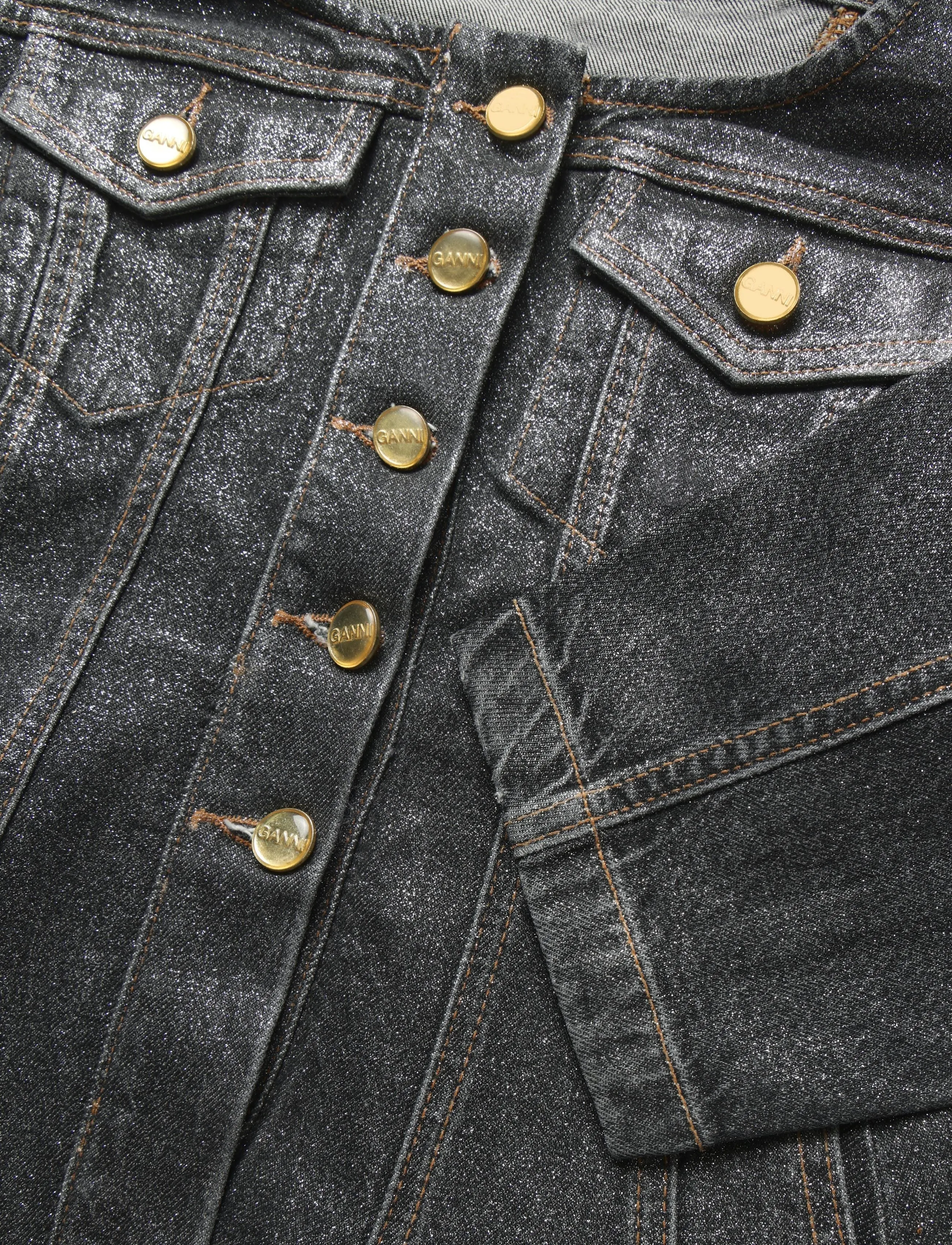 Ganni - Shimmery Foil Denim Fitted Blazer - black - 5
