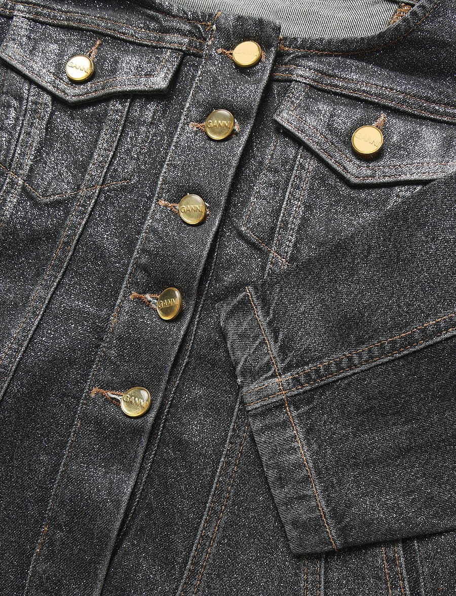 Ganni - Shimmery Foil Denim Fitted Blazer - einreihige blazer - black - 5