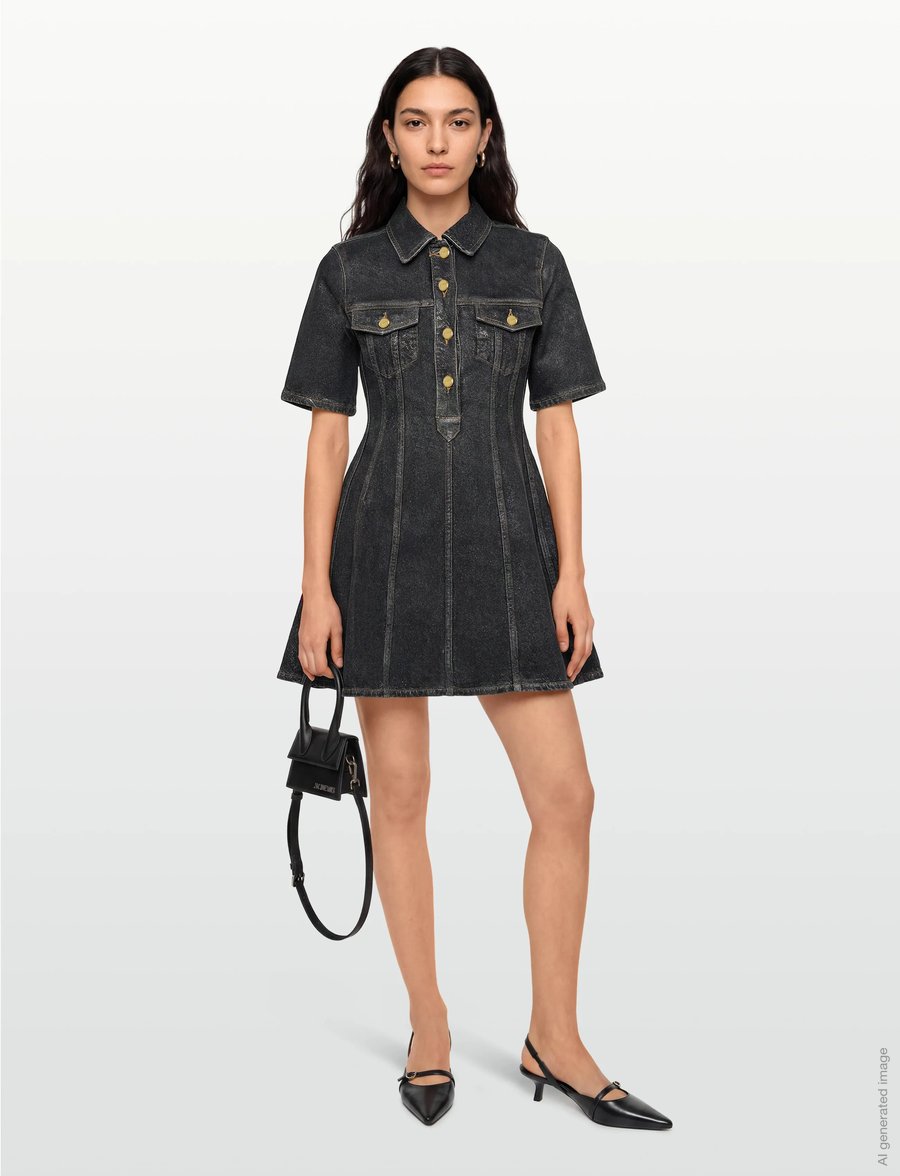 Ganni - Denim Mini Dress - skjortklänningar - black - 0
