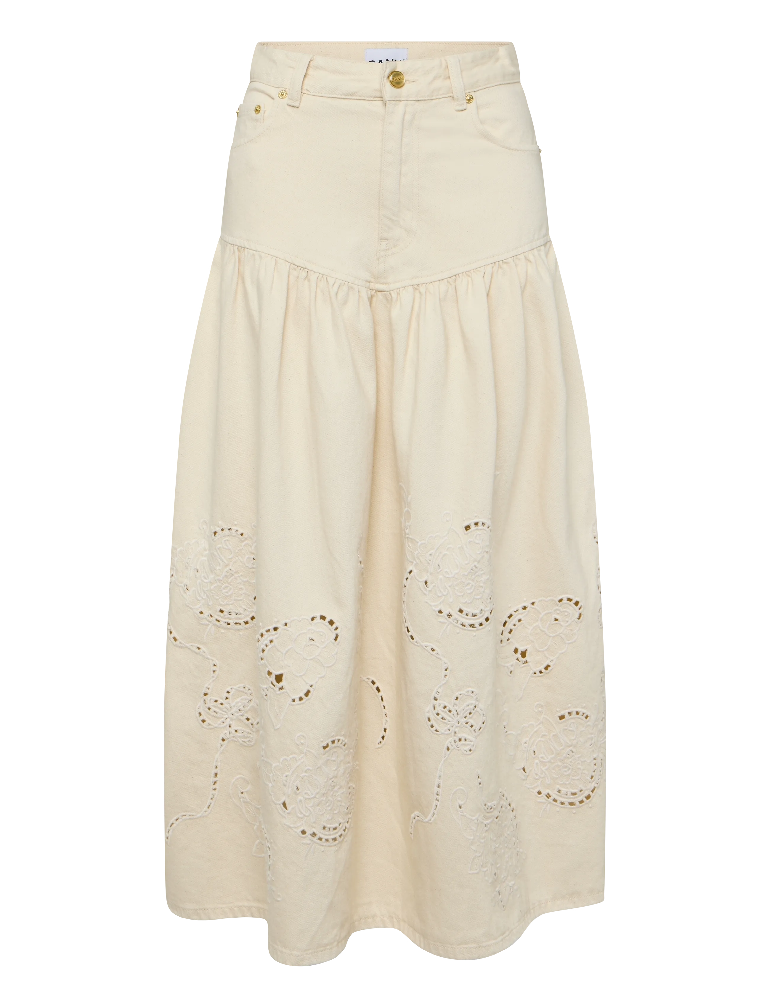 Ganni Broderie Anglaise Denim Skirt - Röcke - WHITE / white