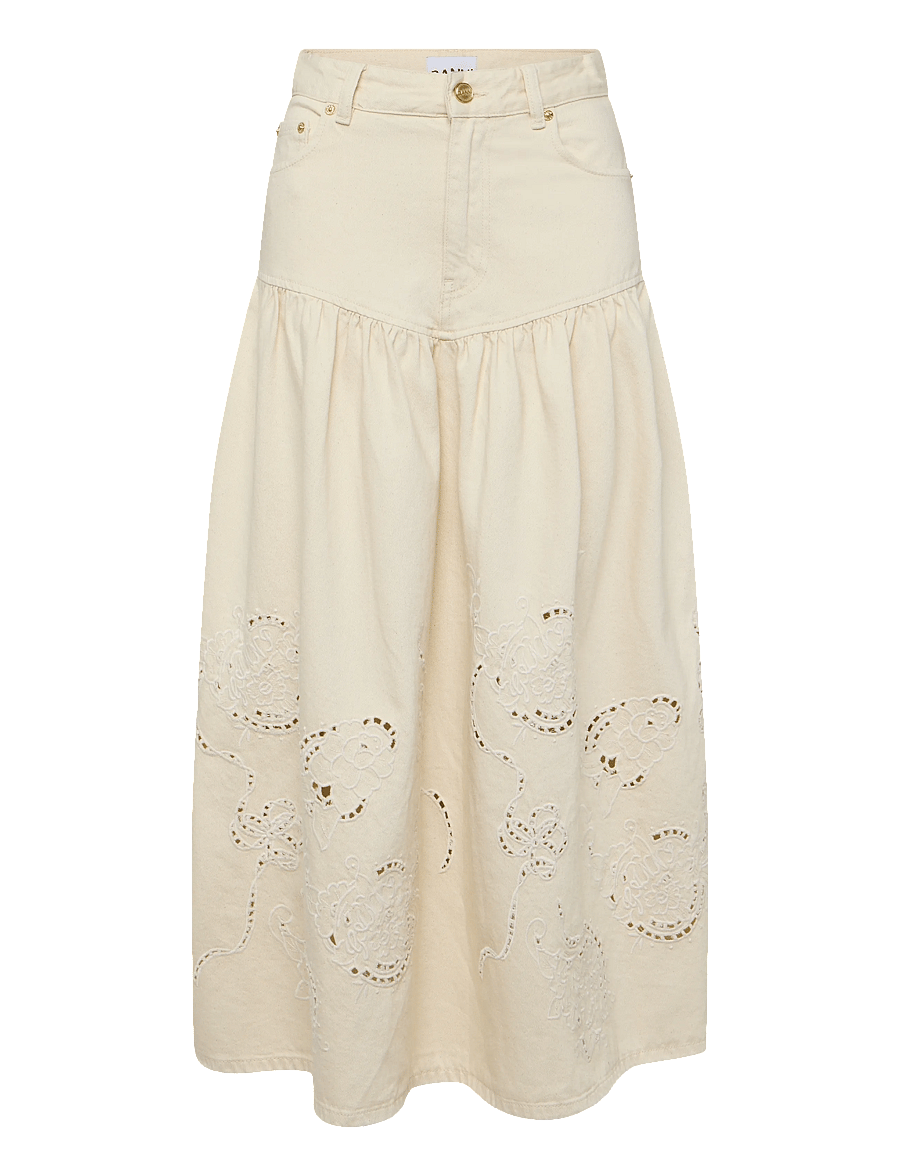 Ganni - Broderie Anglaise Denim Skirt - jeansröcke - white - 0