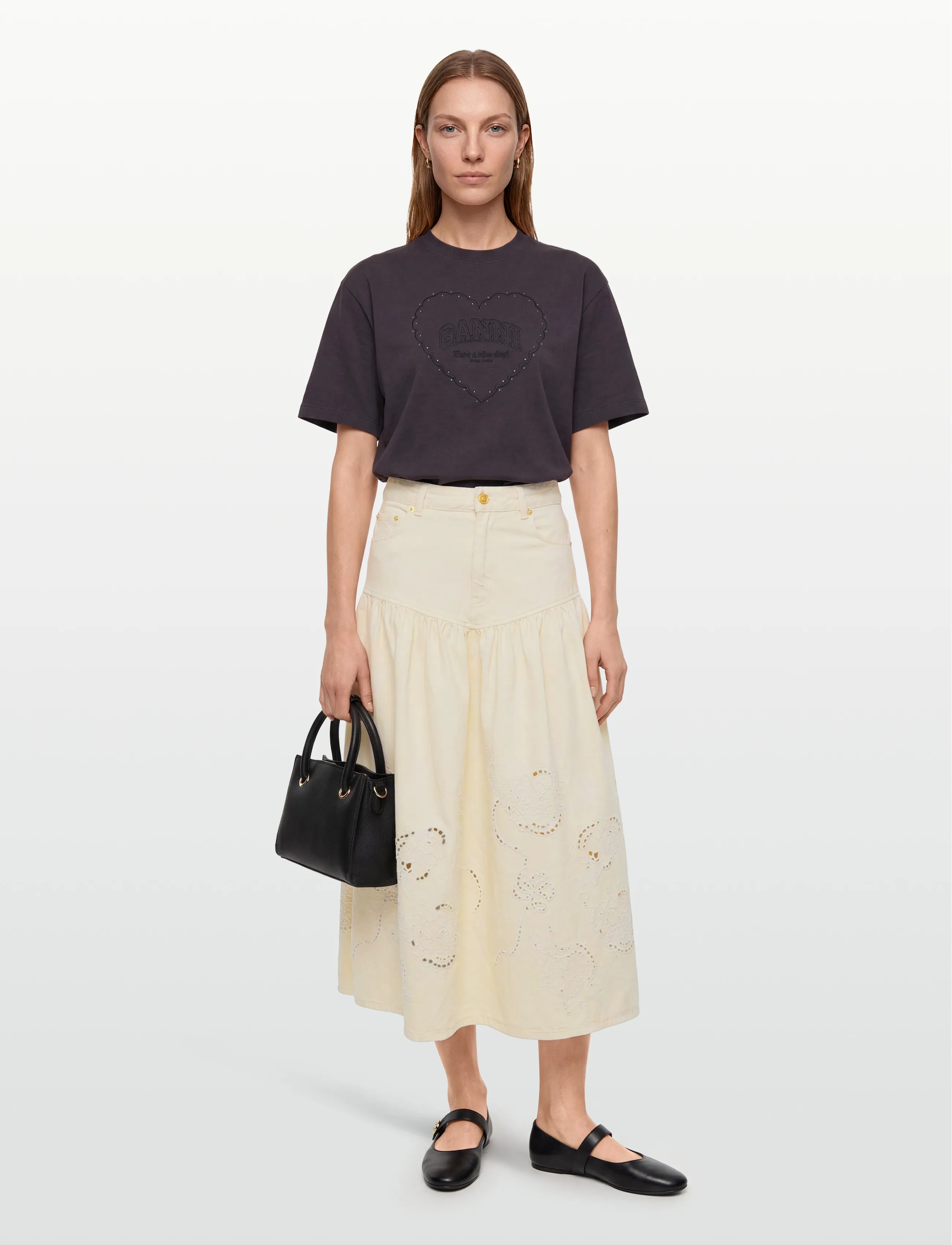 Ganni Broderie Anglaise Denim Skirt, Kvinder, Broderie Anglaise Denim Nederdel, Hvid, Str: 32