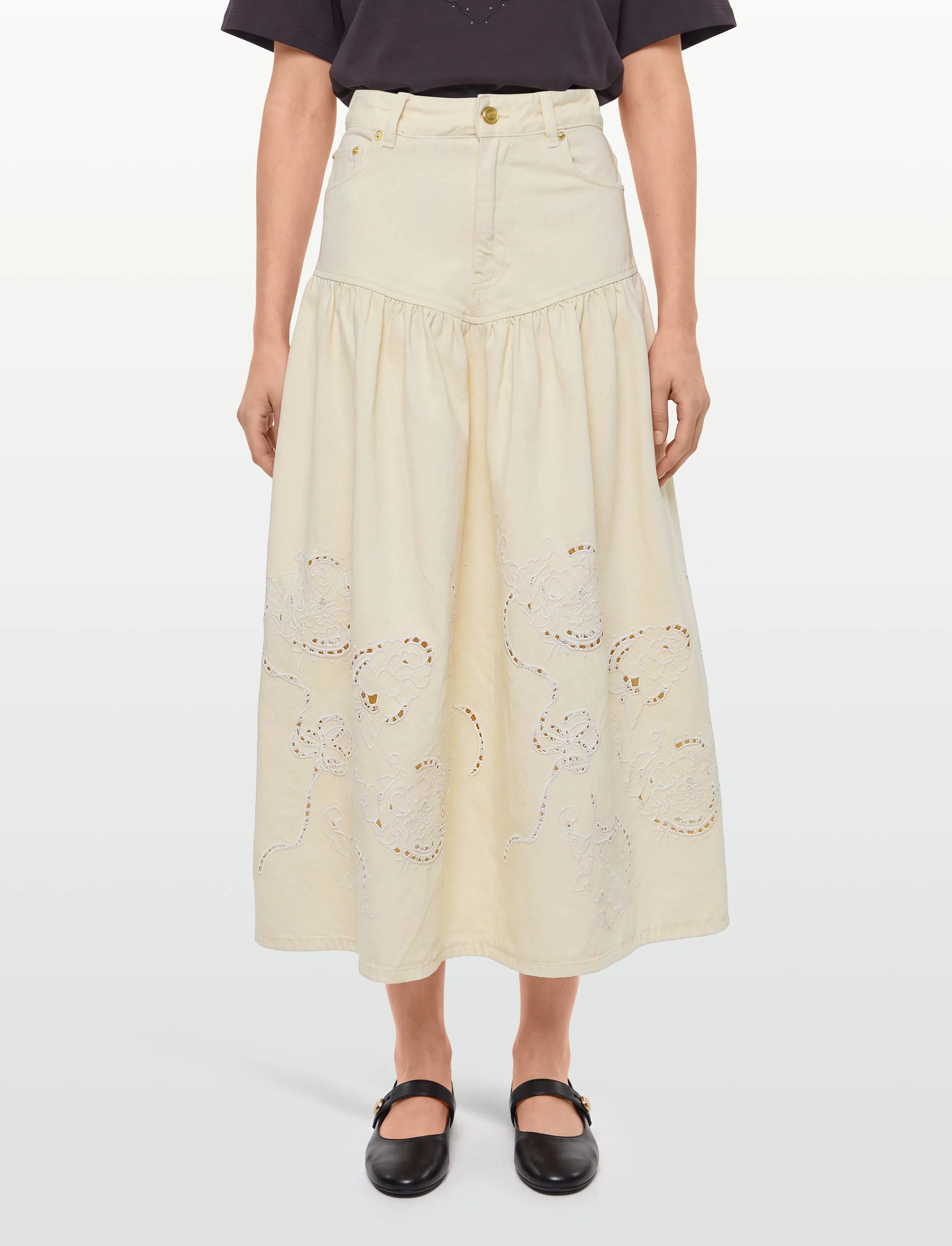 Ganni - Broderie Anglaise Denim Skirt - teksaseelikud - white - 3