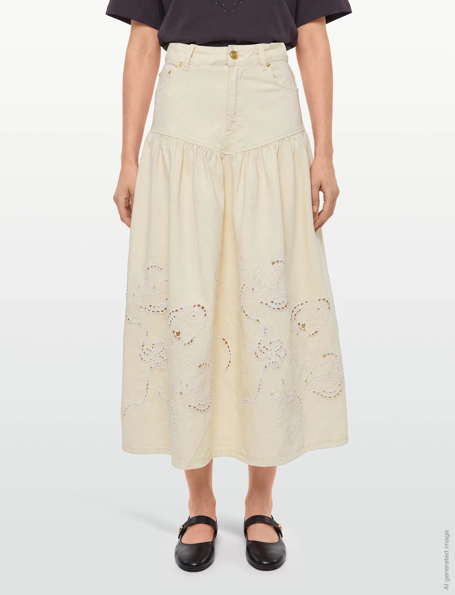 Ganni - Broderie Anglaise Denim Skirt - teksaseelikud - white - 3