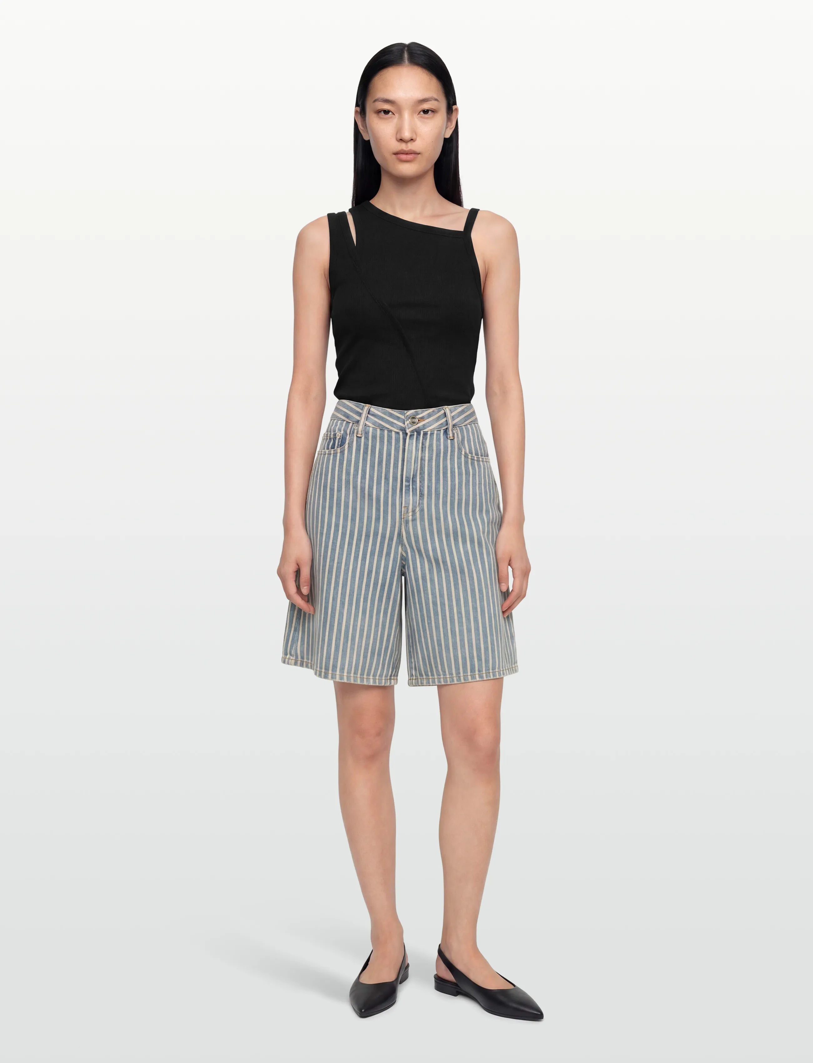 Ganni Striped Denim Shorts, Kvinder, Højtaljede Stribede Shorts, Blå, Str: 27