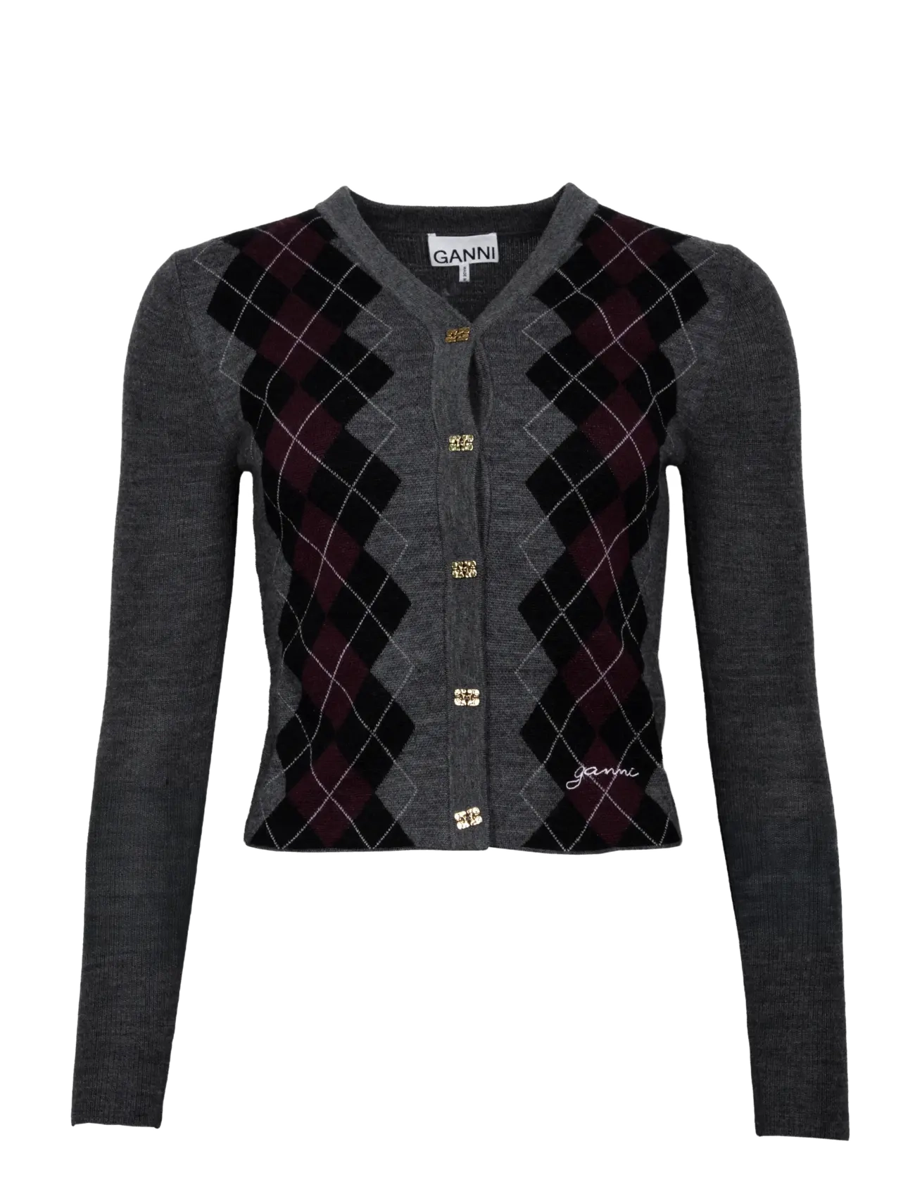 Ganni Fine Merino Jacquard Cardigan, S, Grey, Strik > Cardigans, Dame