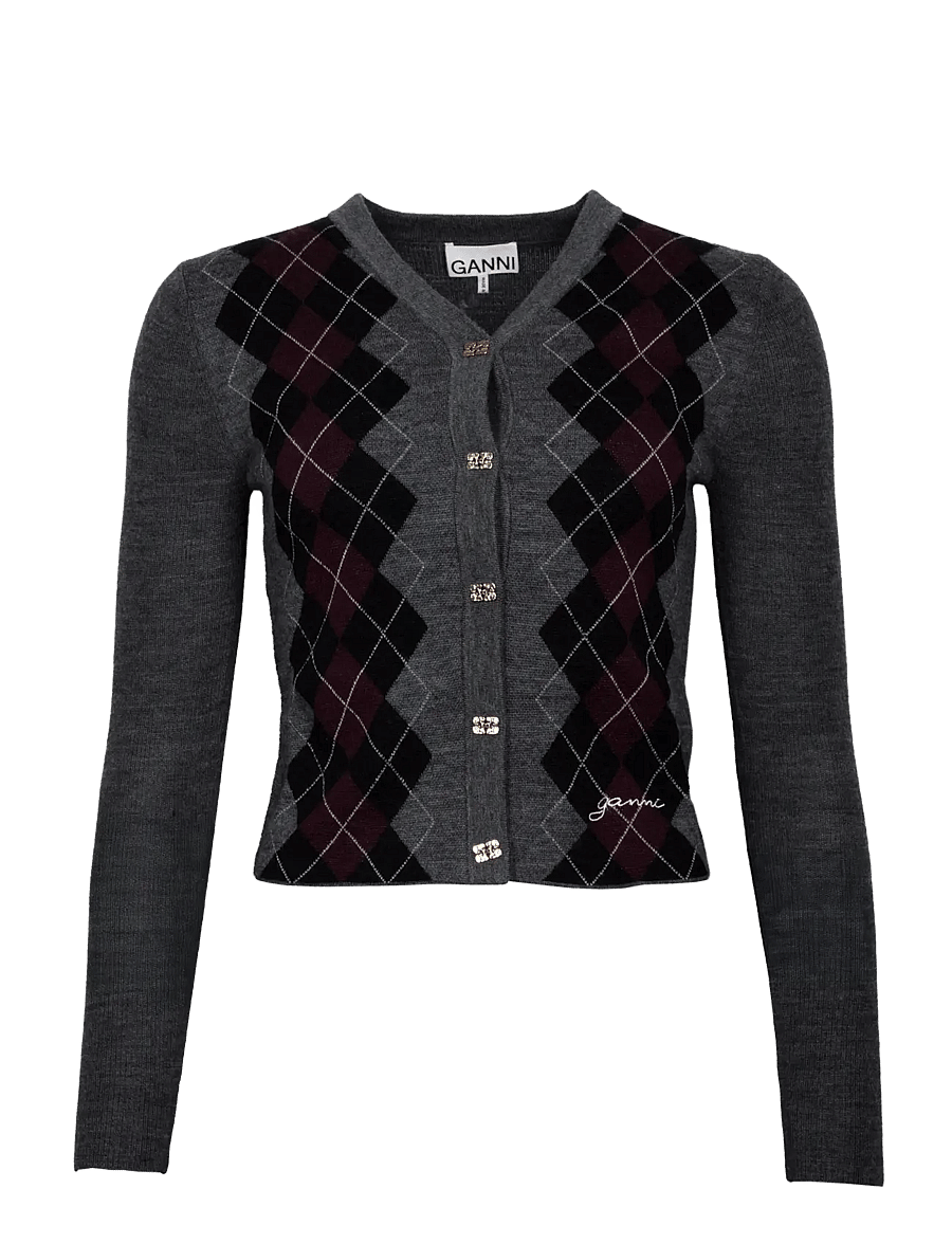 Ganni - Fine Merino Jacquard Cardigan - cardigans - grey - 0