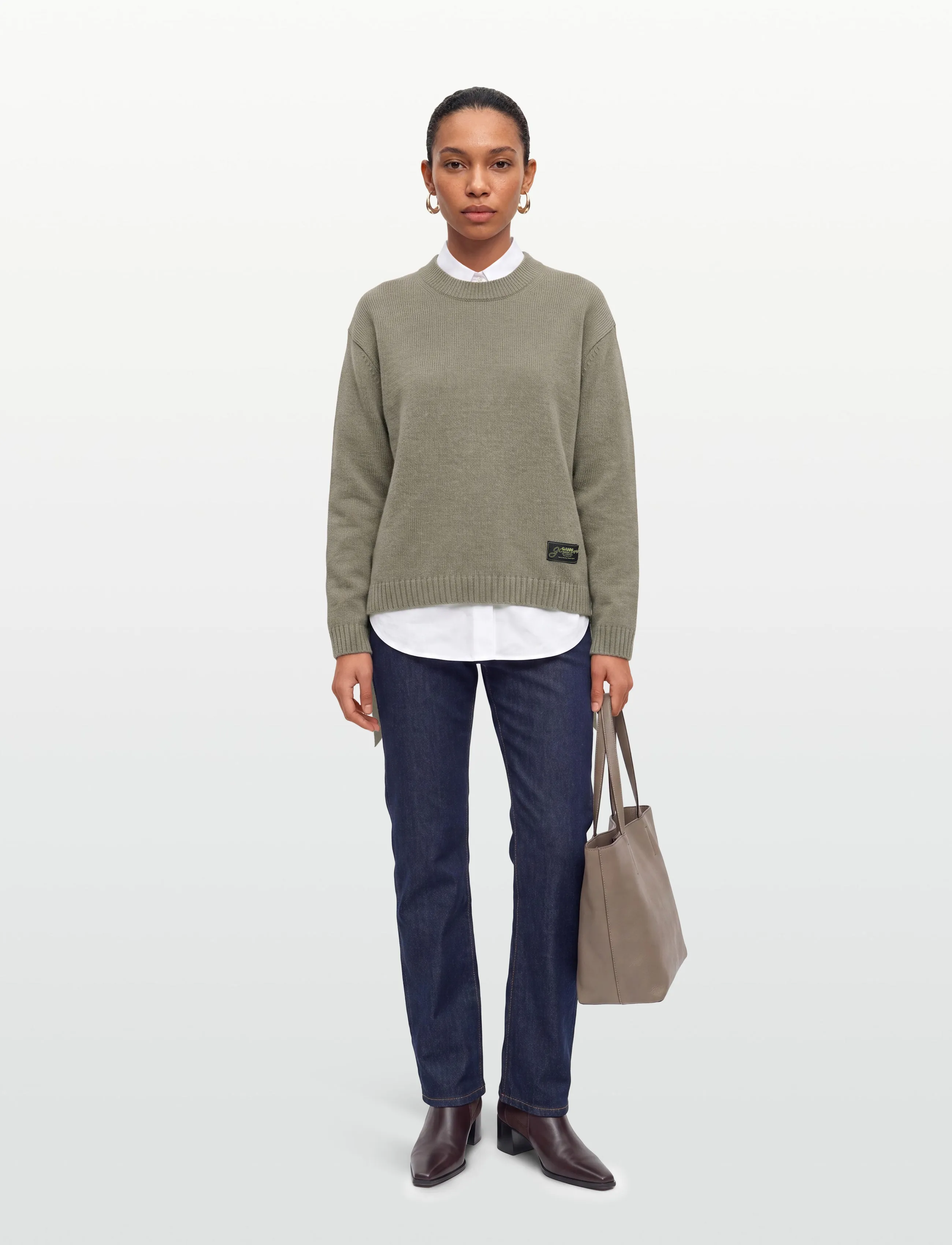 Ganni Future Wool Mix Oversized O Neck Sweater - GANNI - GREEN / khaki/green