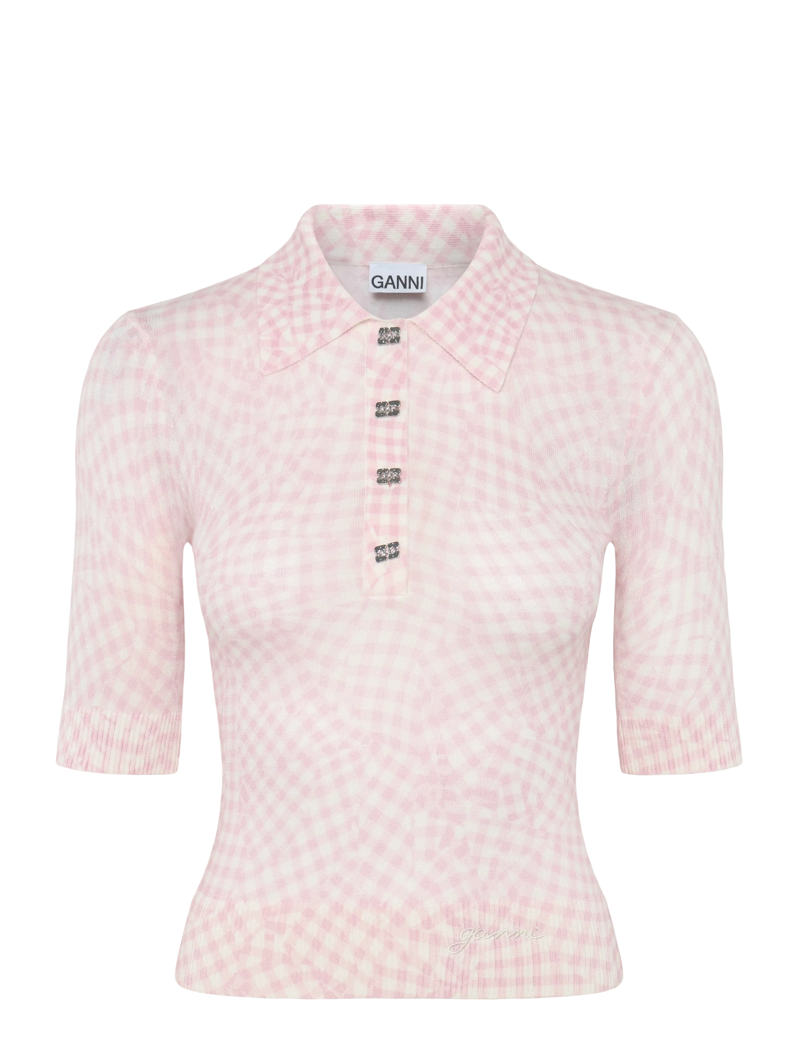 Ganni Sheer Cotton Printed Polo - T-shirts & Tops - PINK / pink/rose