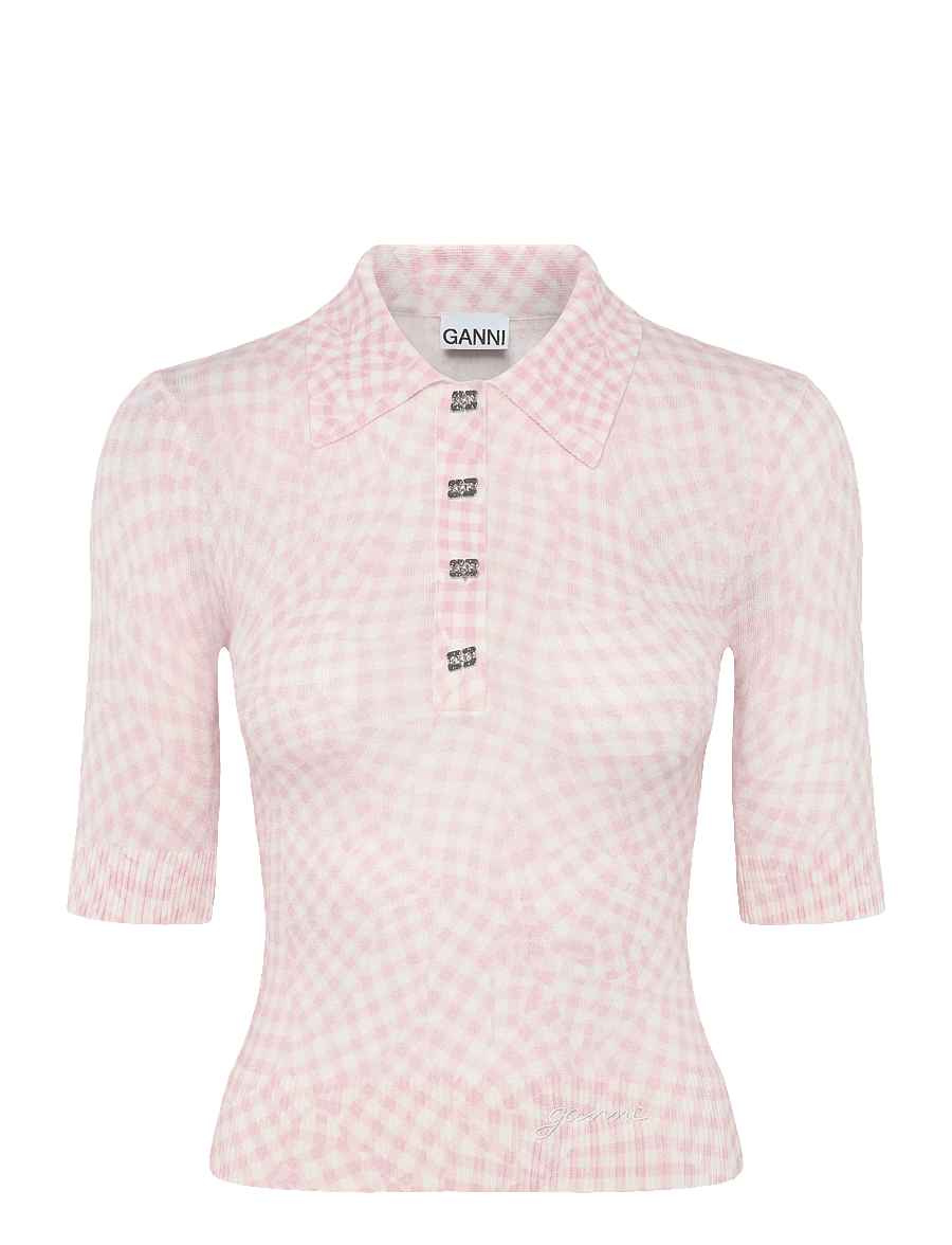 Ganni - Sheer Cotton Printed Polo - poloshirts - pink - 1