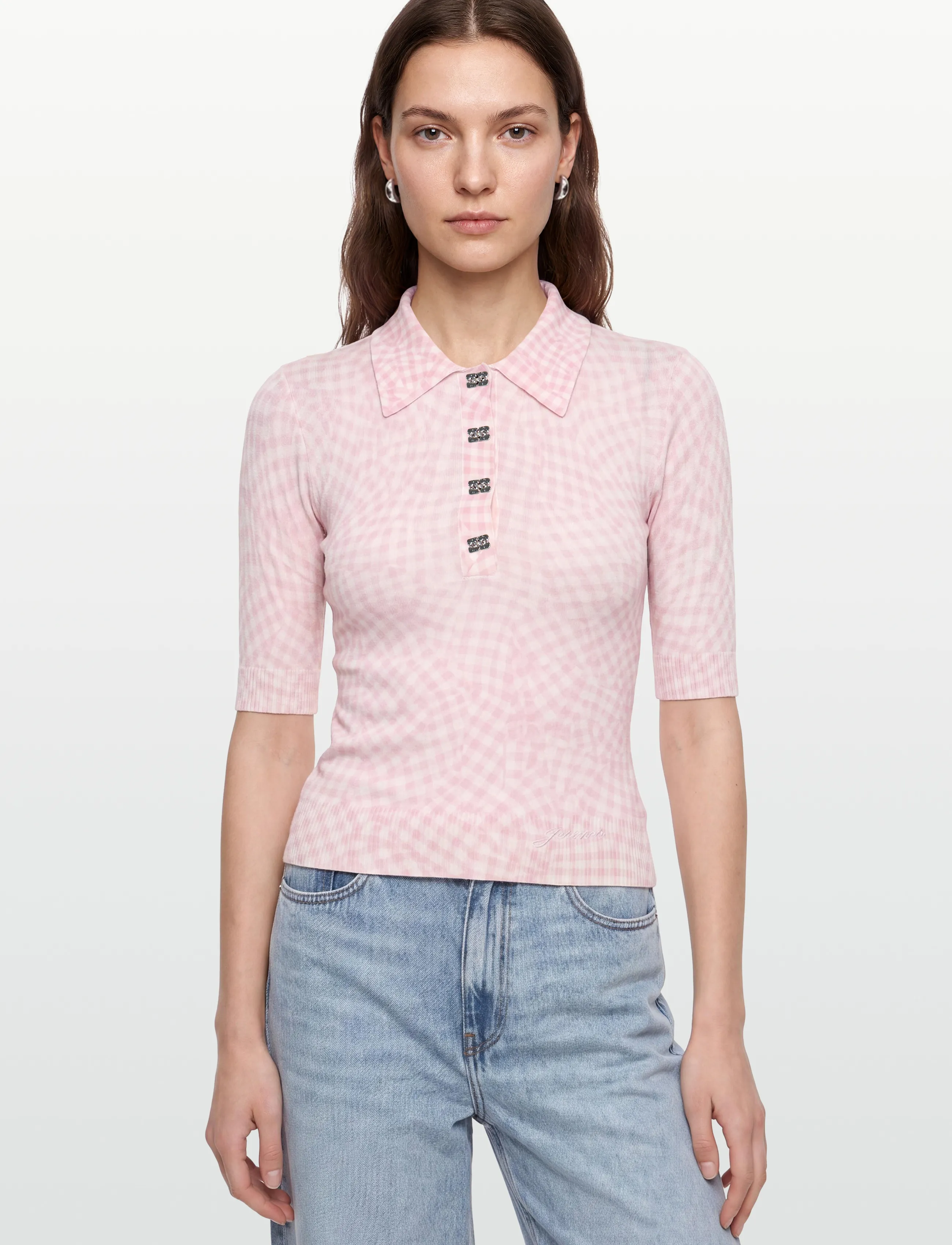 Ganni - Sheer Cotton Printed Polo - polo krekli - pink - 3