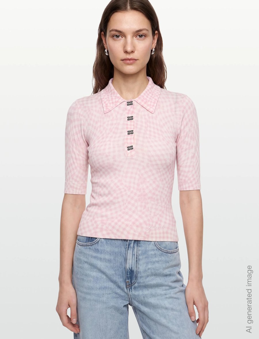 Ganni - Sheer Cotton Printed Polo - poloshirts - pink - 3