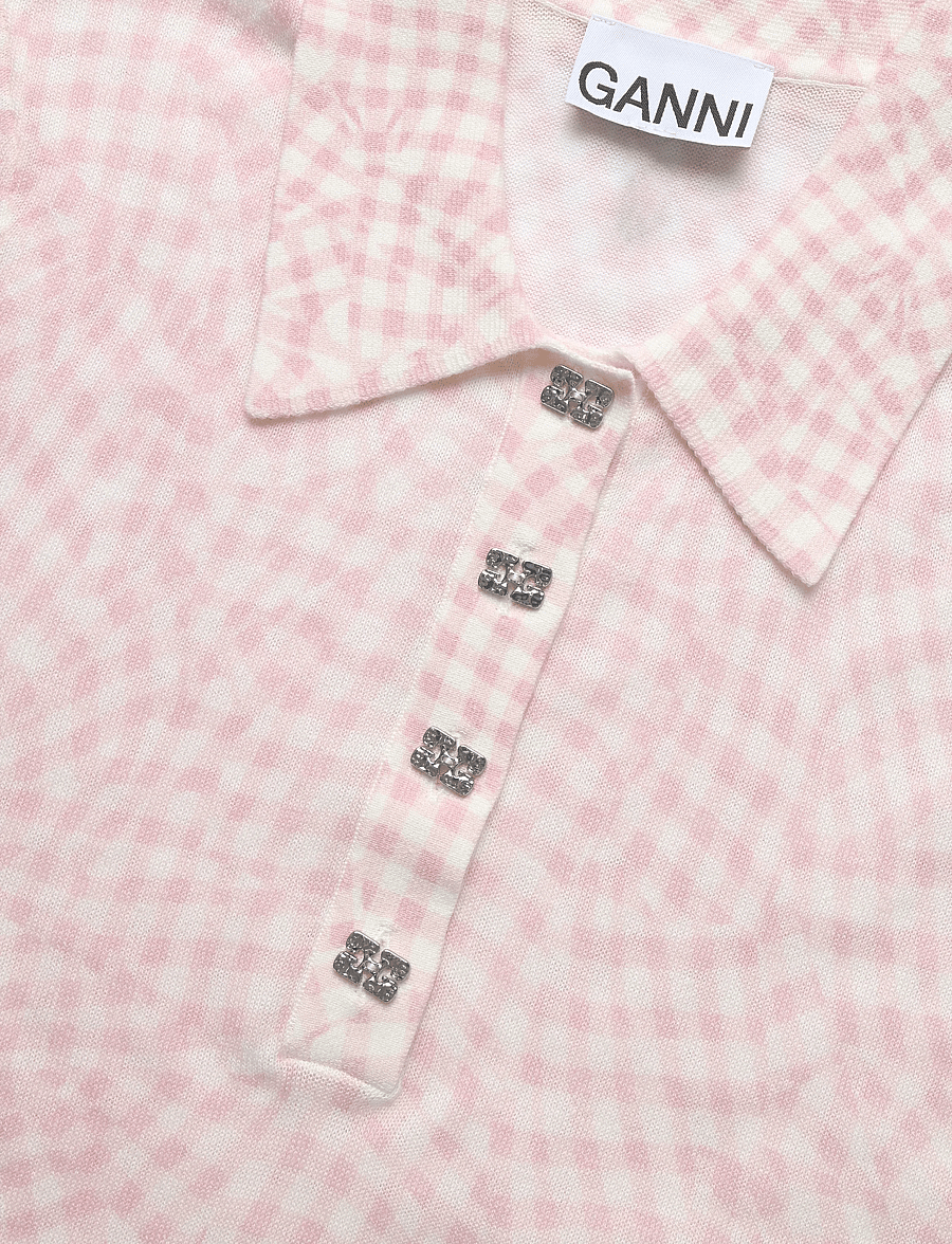 Ganni - Sheer Cotton Printed Polo - poloshirts - pink - 5