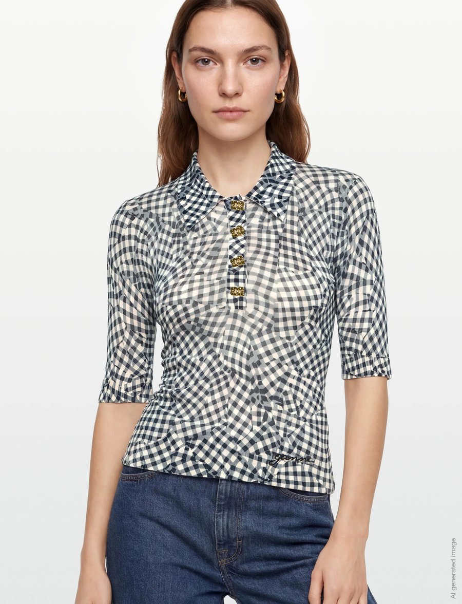 Ganni - Sheer Cotton Printed Polo Top - poloer - black - 3