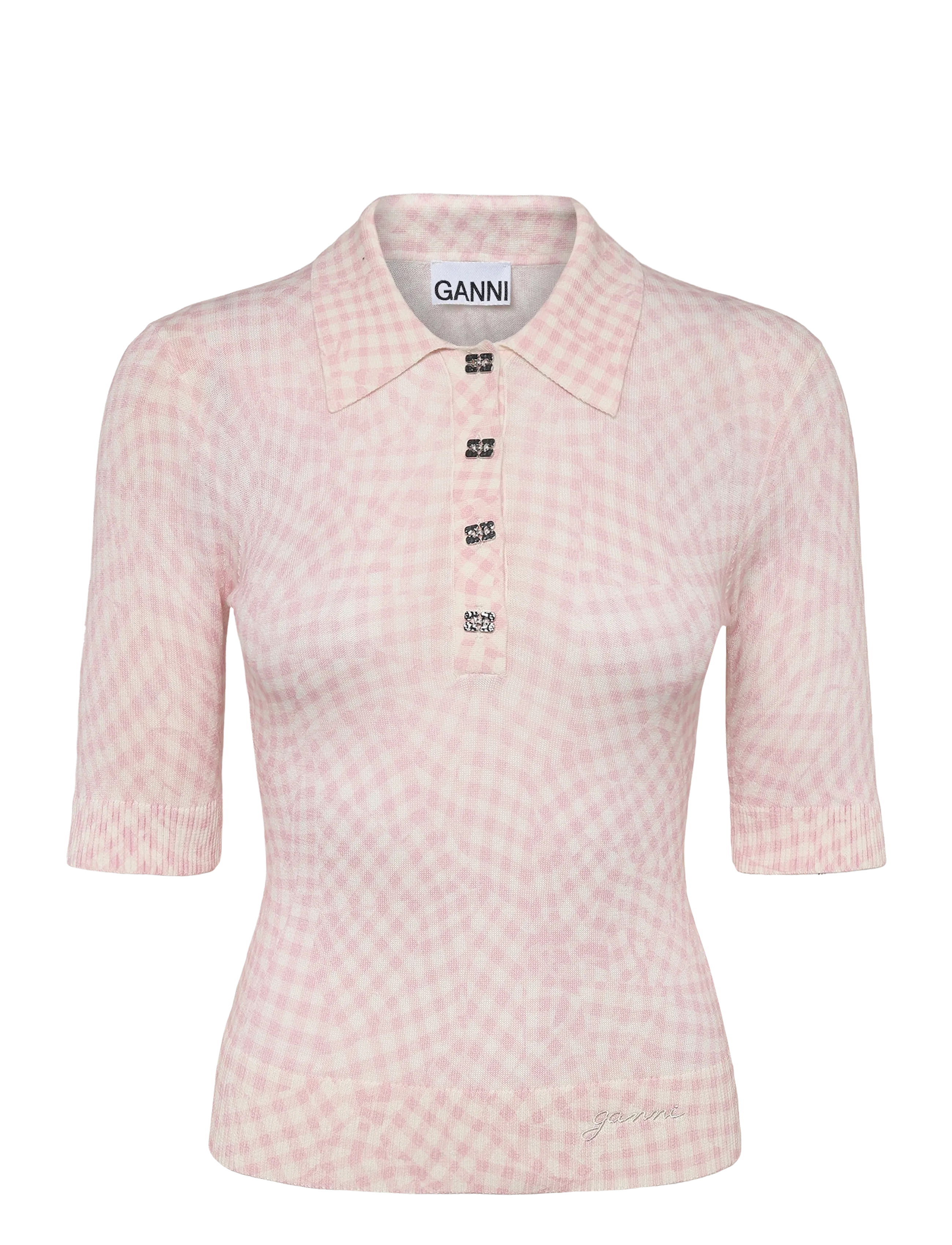 Ganni Sheer Cotton Printed Polo - Knitwear - PINK / pink/rose